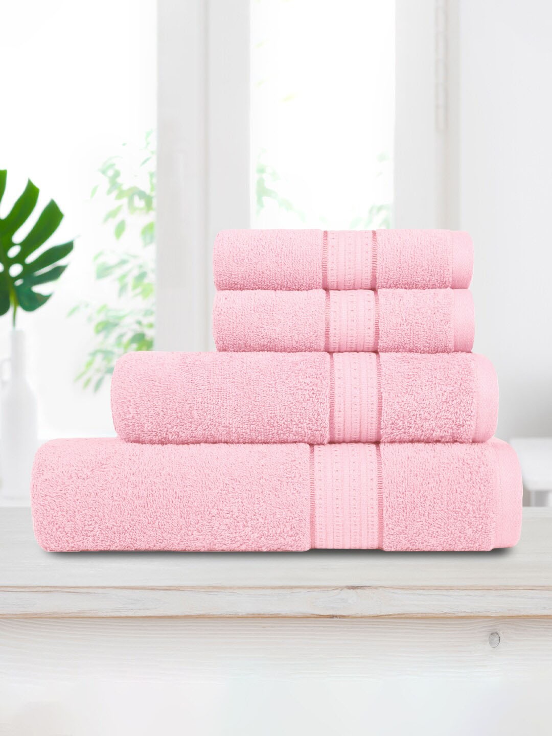 

MYTRIDENT Pink 4 Pieces Cotton Anti-Bacterial 400 GSM Reversible Towel set