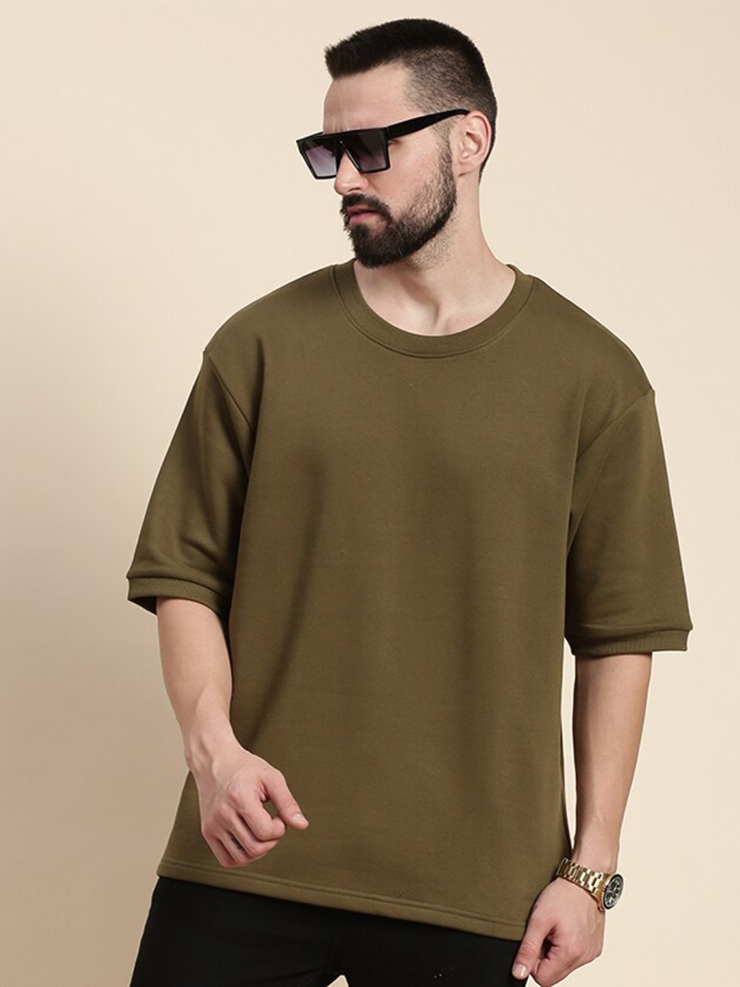 

DILLINGER Round Neck Drop Shoulder Sleeves Longline Oversized Pullover Sweatshirt, Olive