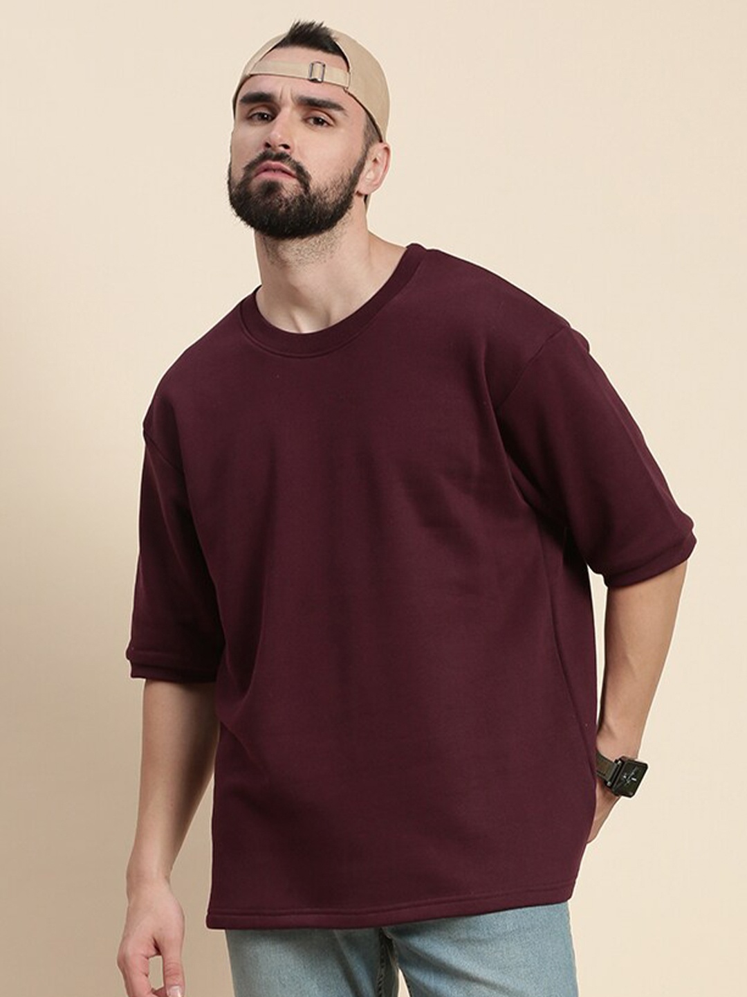 

DILLINGER Round Neck Oversized Pullover Fleece Sweatshirt, Maroon