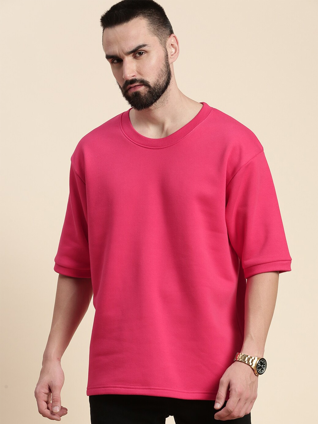 

DILLINGER Round Neck Drop Shoulder Sleeves Longline Oversized Pullover Sweatshirt, Pink
