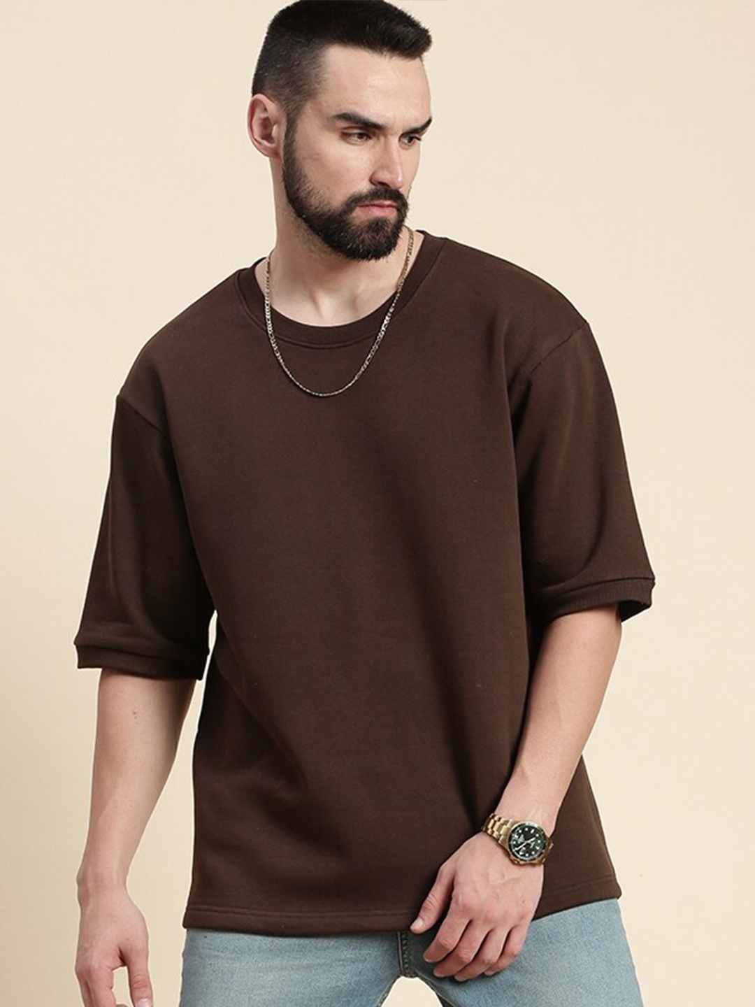 

DILLINGER Round Neck Oversized Fleece Sweatshirt, Brown