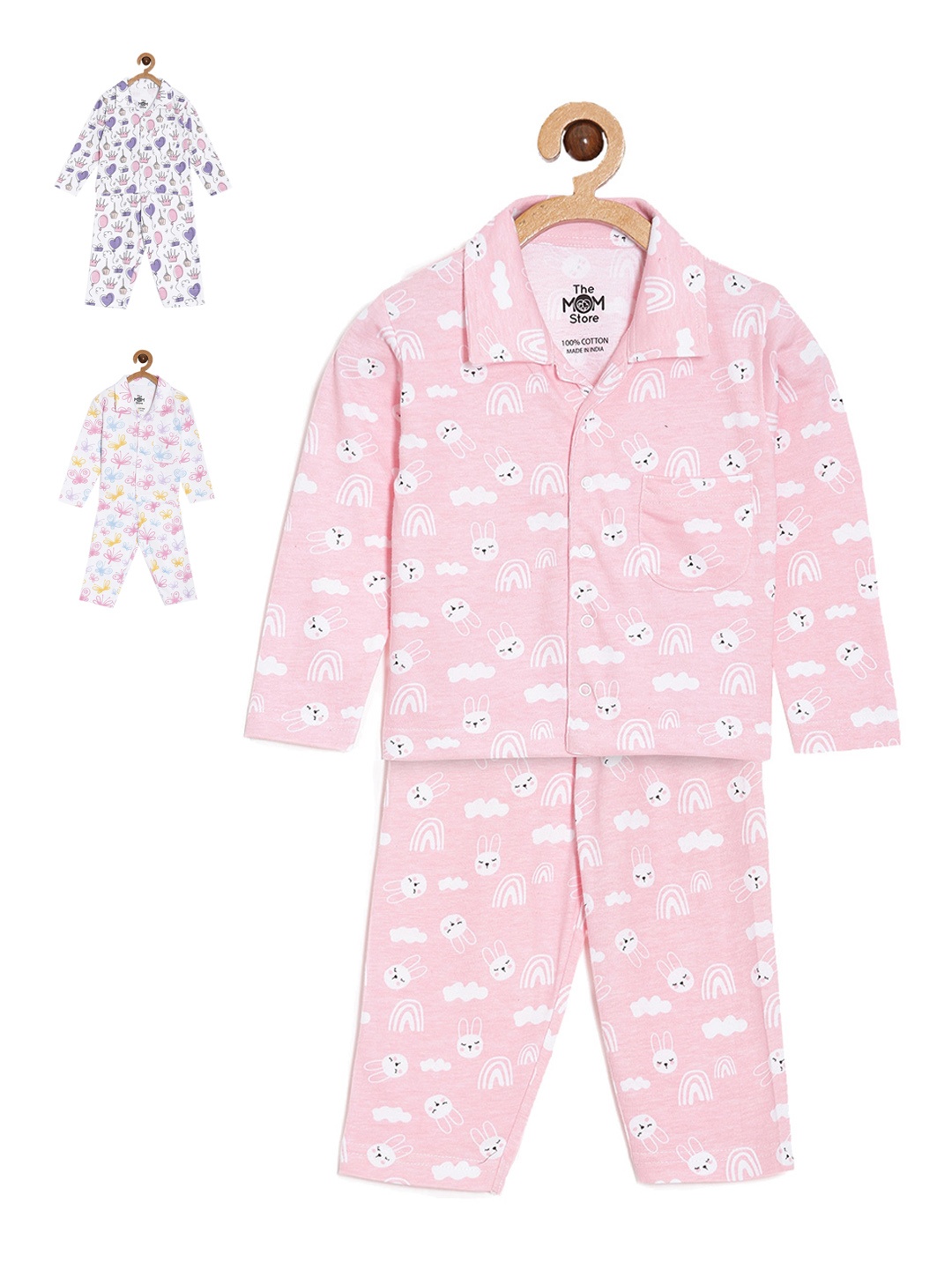 

The Mom Store Kids Pack of 3 Conversational Printed Night suit, Pink