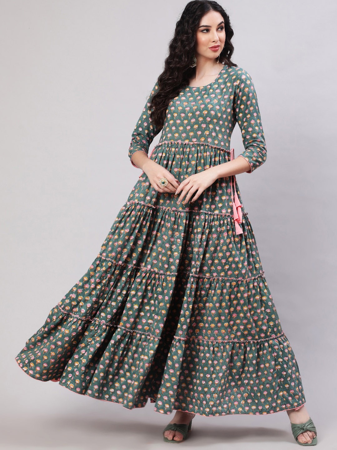 GLAM ROOTS Ethnic Motifs Printed Tiering Anarkali Kurta, Green