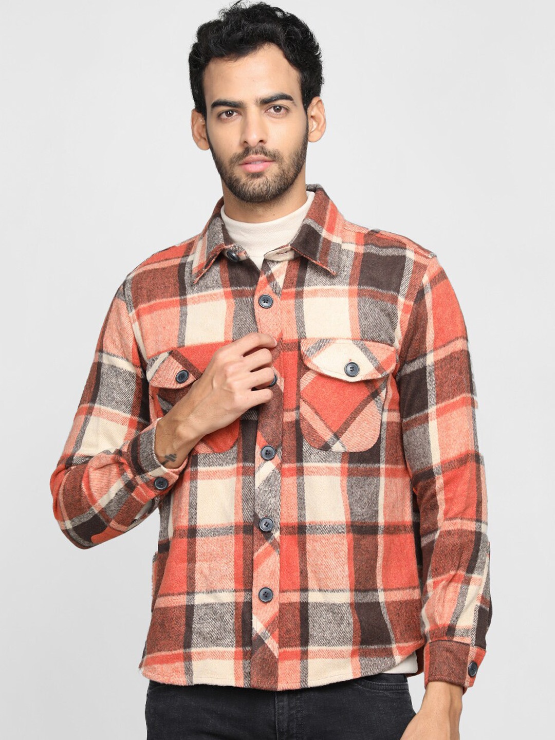 

CHKOKKO Tartan Checks Twill Spread Collar Long Sleeves Casual Shacket, Orange