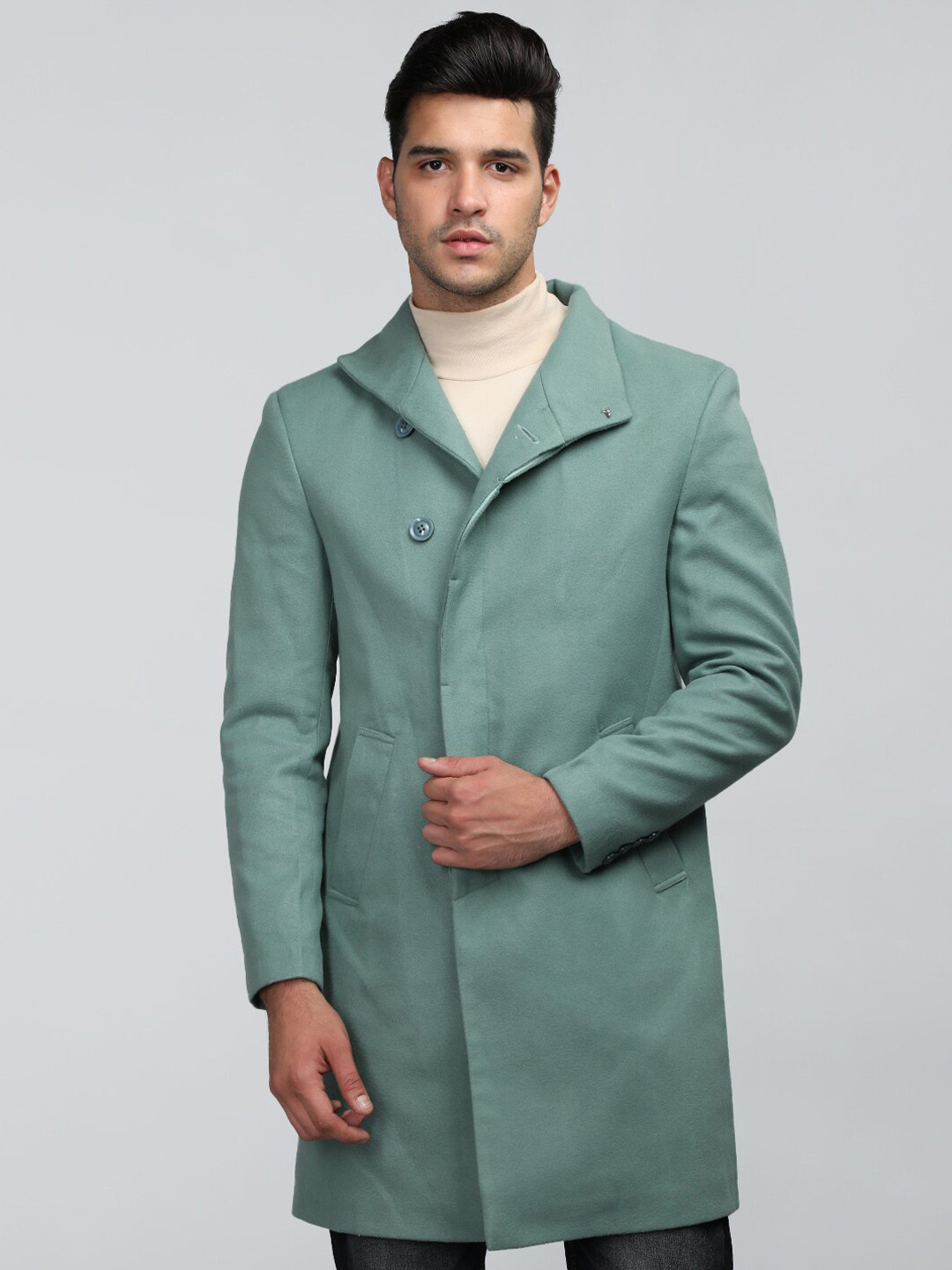 

CHKOKKO Single-Breasted Mock Collar Overcoat, Green
