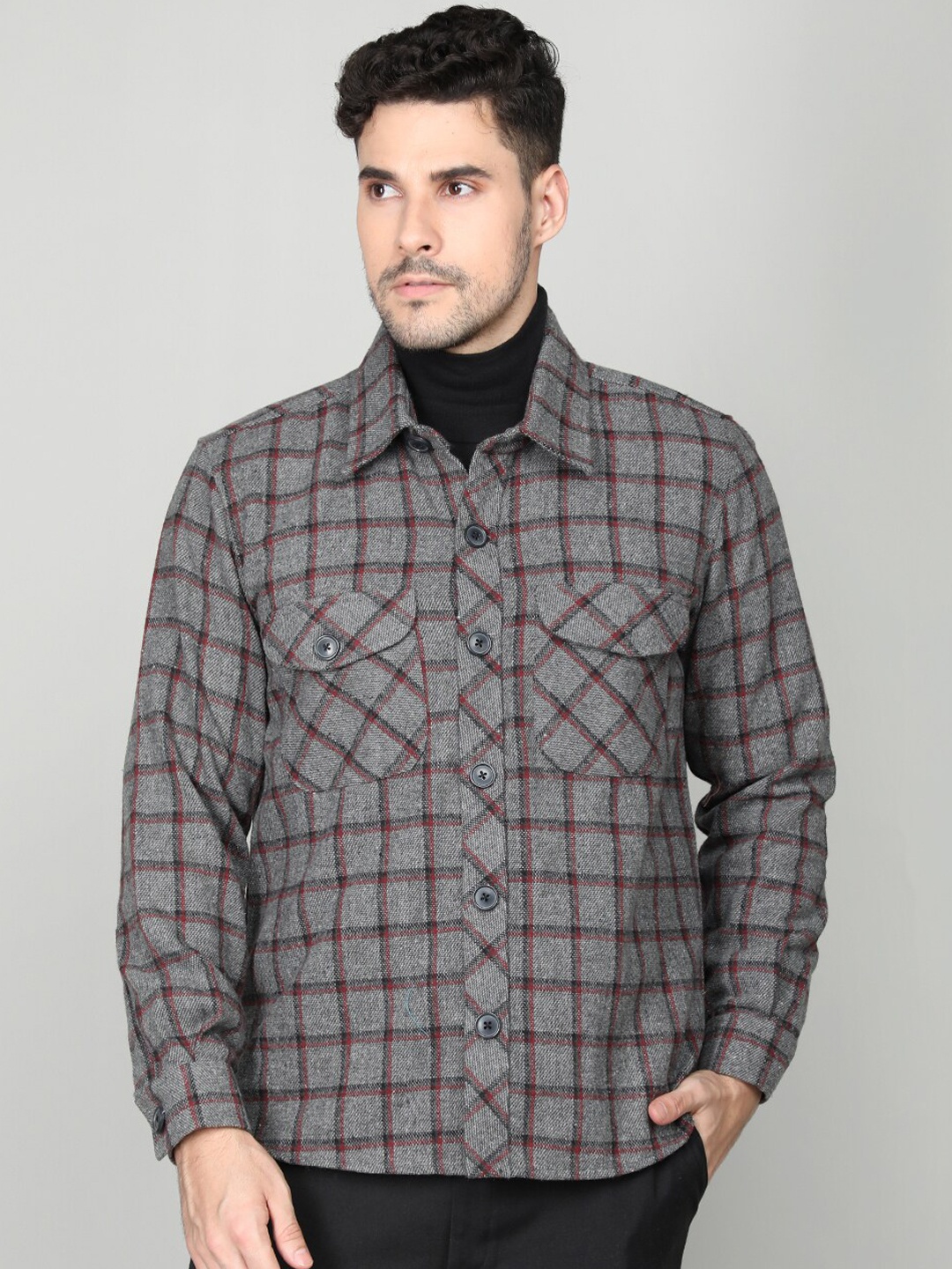 

CHKOKKO Spread Collar Checked Casual Shacket, Grey