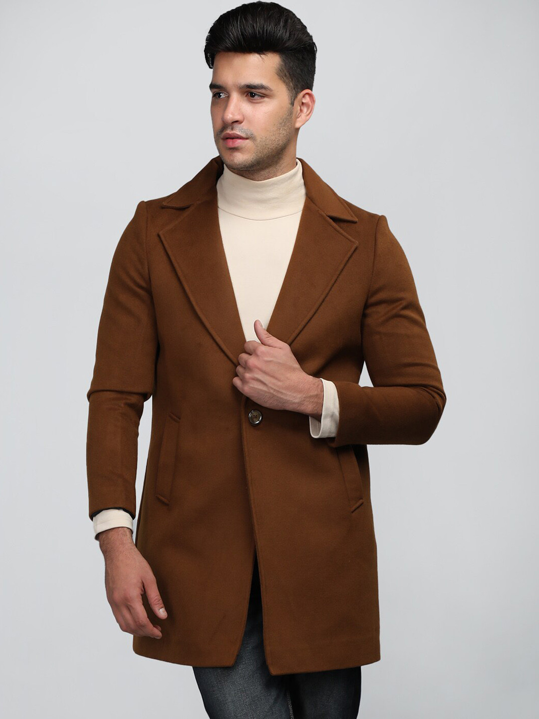

CHKOKKO Single-Breasted Wool Overcoat, Brown