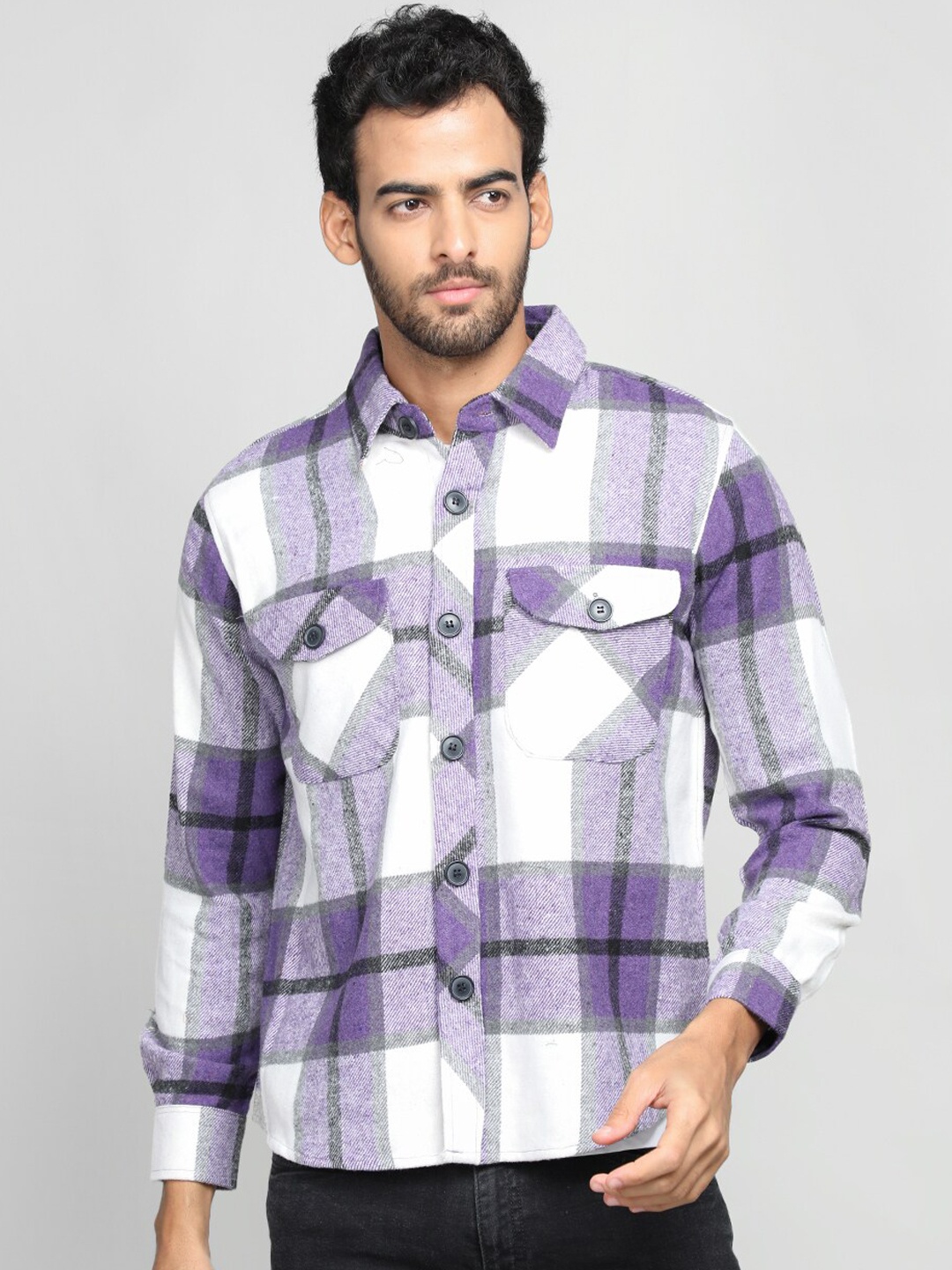 

CHKOKKO Checked Spread Collar Long Sleeves Casual Shacket, Purple