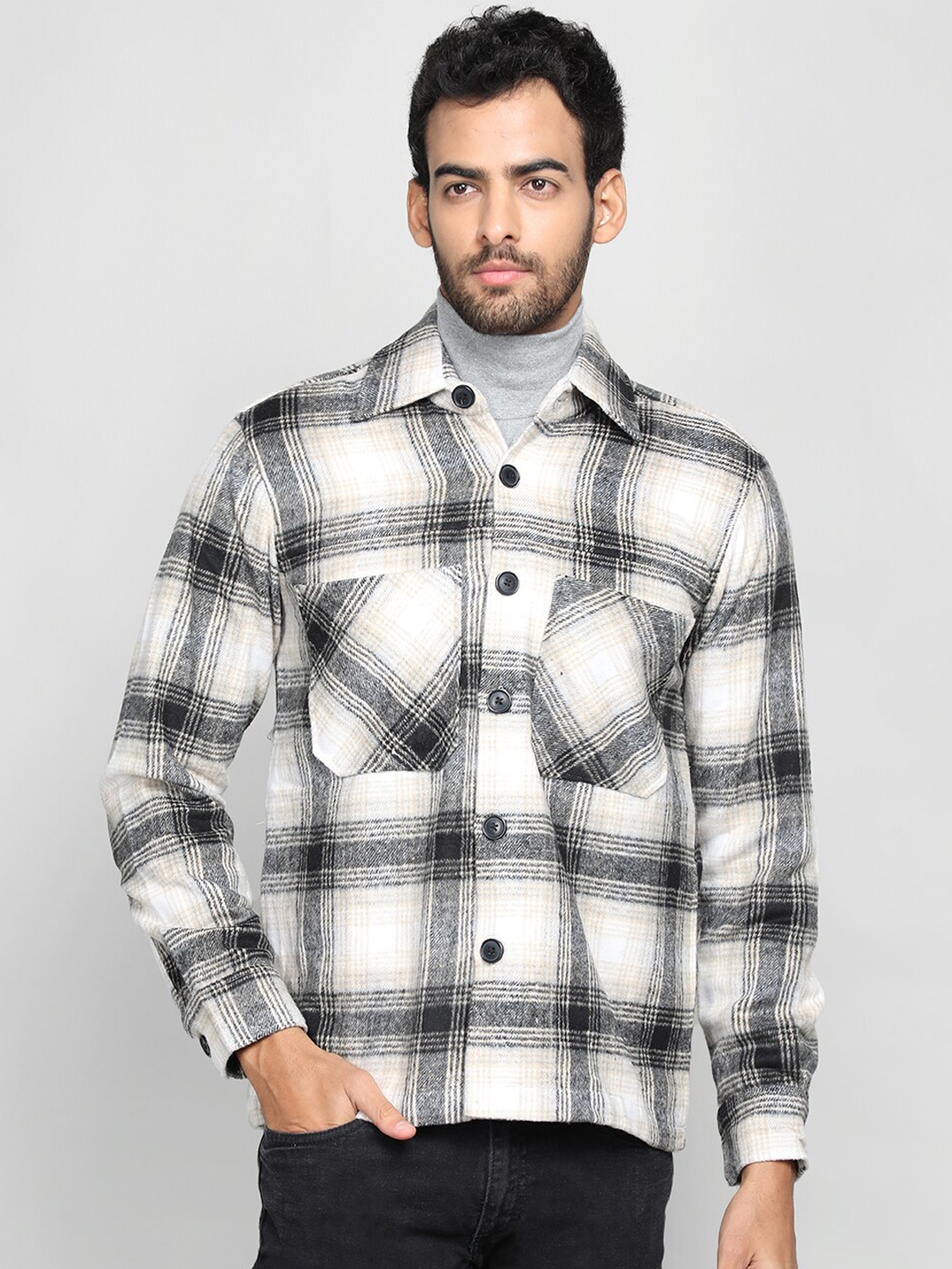 

CHKOKKO Checked Spread Collar Overcoat, Black