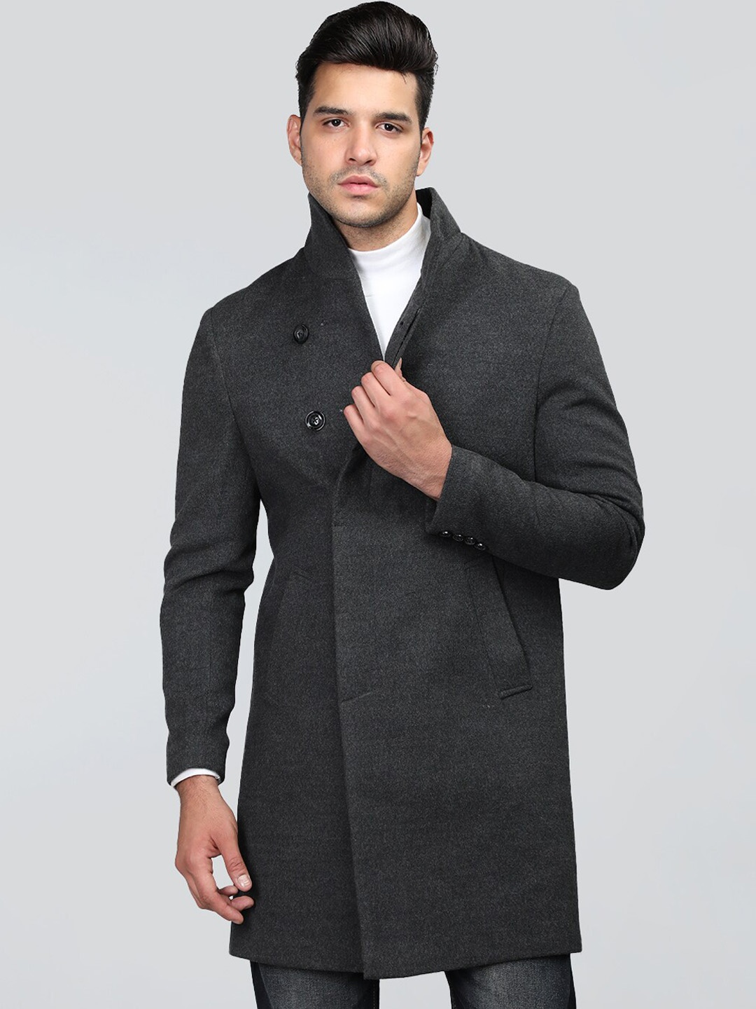 

CHKOKKO Mock Collar Winter Wool Overcoat, Grey