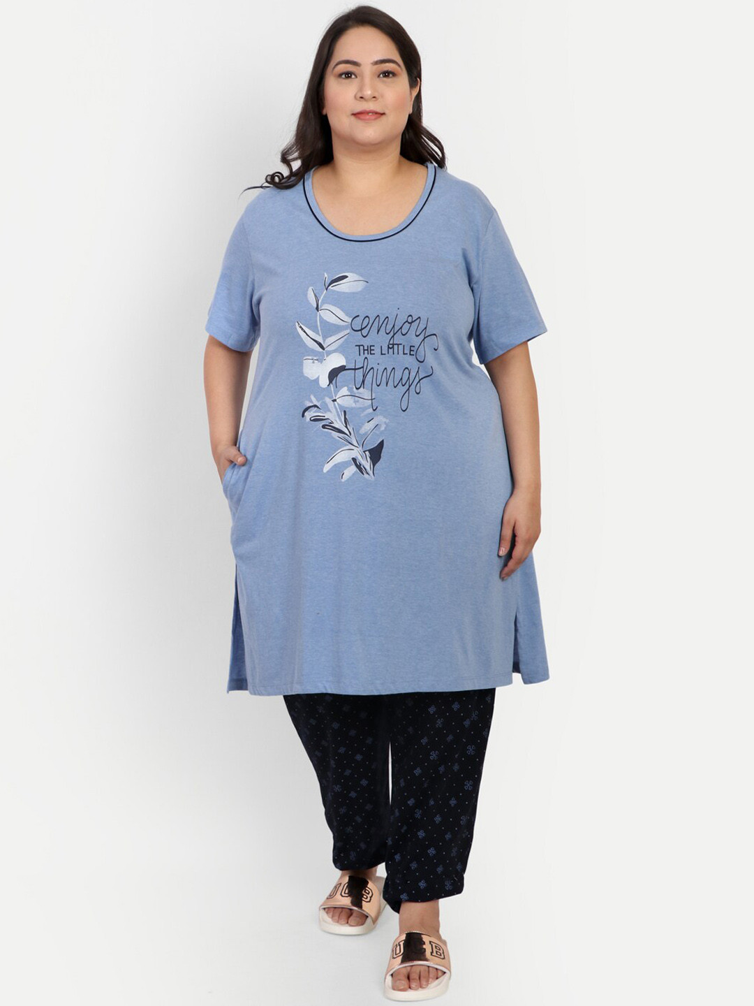 

CUPID Women Plus Size Printed Night Suit, Blue