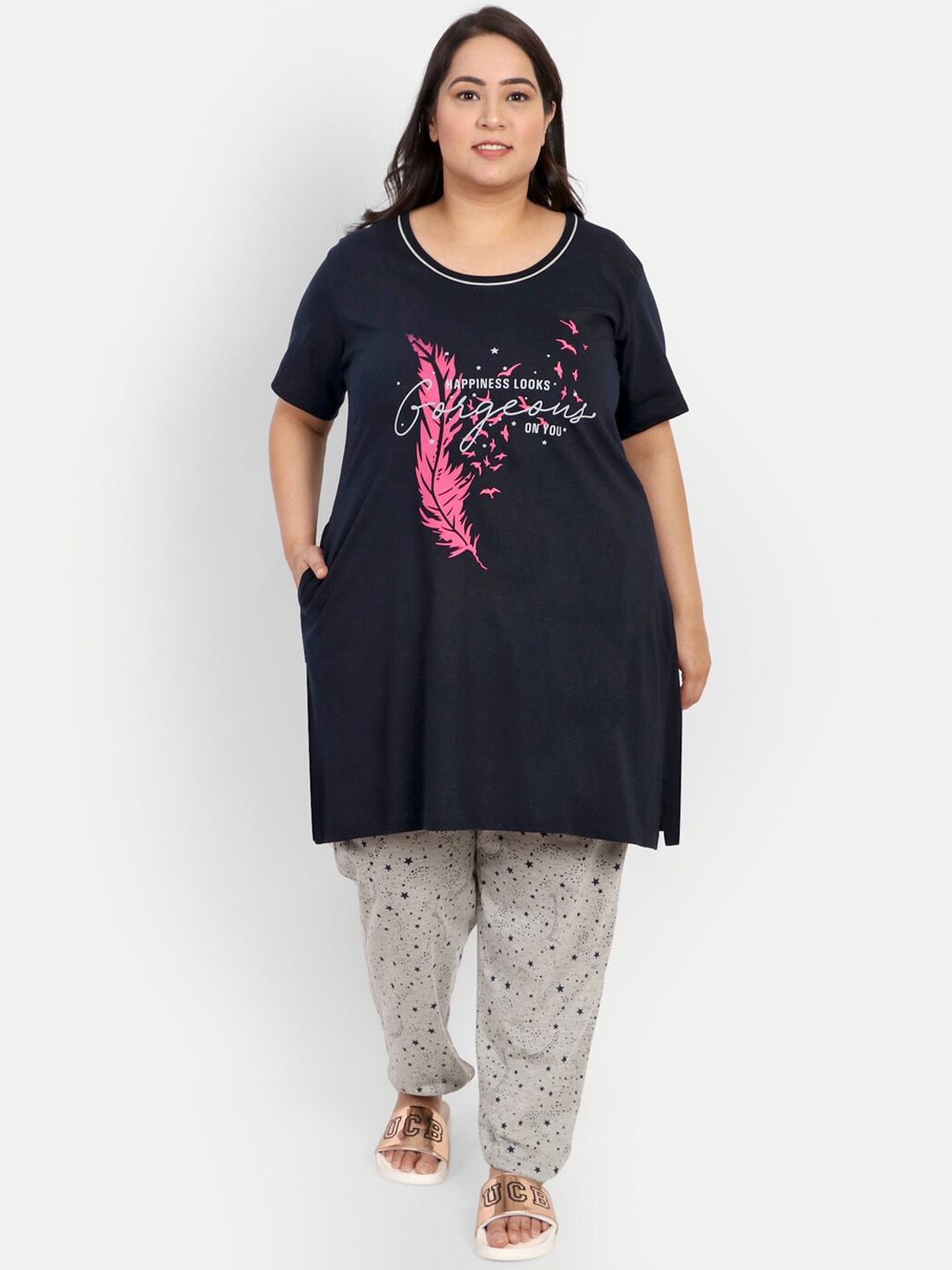 

CUPID Women Plus Size Printed Night Suit, Navy blue