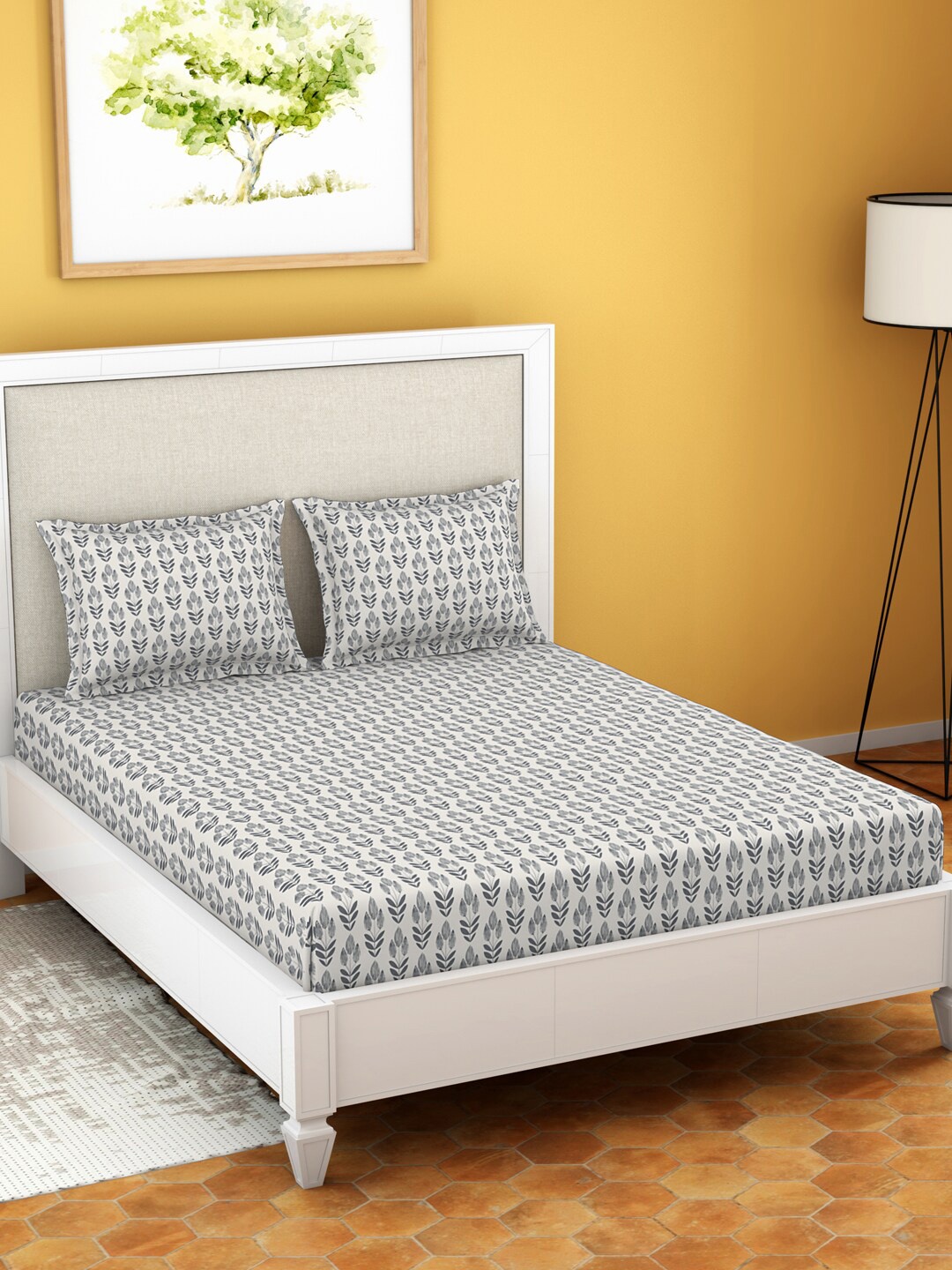 

Welspun Dazzle White & Grey Floral 120 TC Microfiber Queen Bedsheet with 2 Pillow Covers