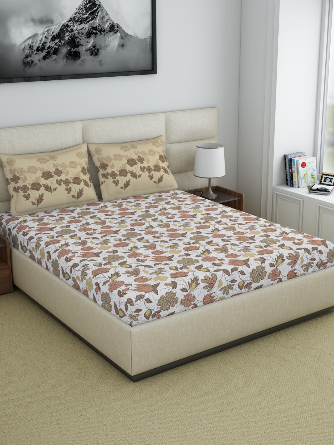 

Welspun Cream-Coloured & Green Floral 200 TC Queen Bedsheet With 2 Pillow Covers