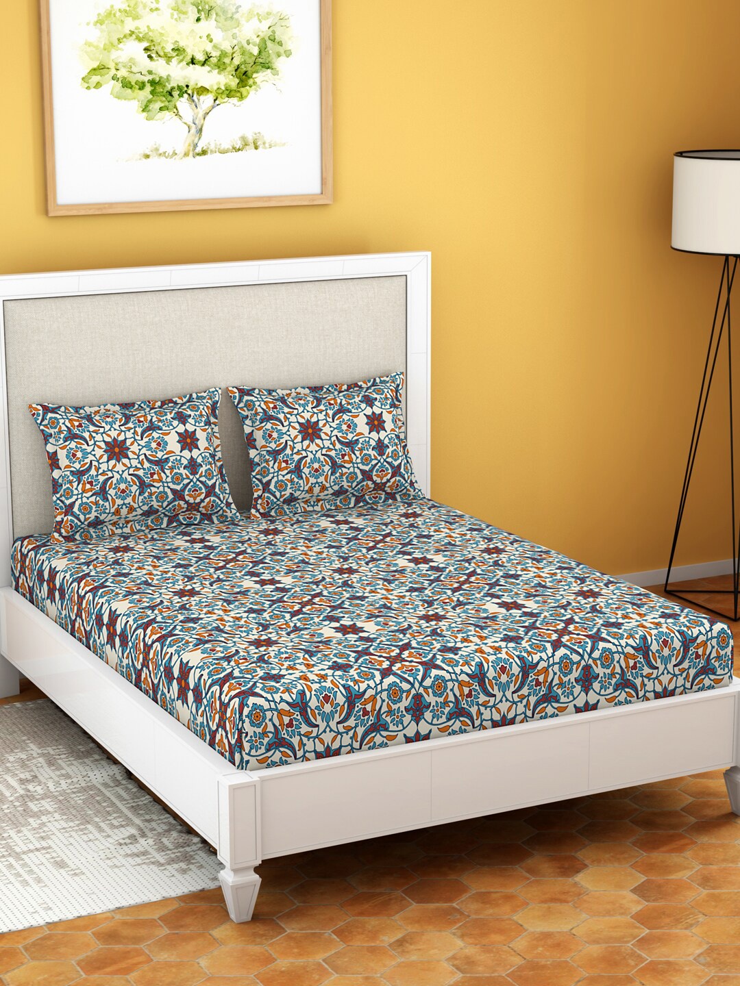 

Welspun White & Blue Ethnic Motifs Microfiber 120 TC Queen Bedsheet With 2 Pillow Covers