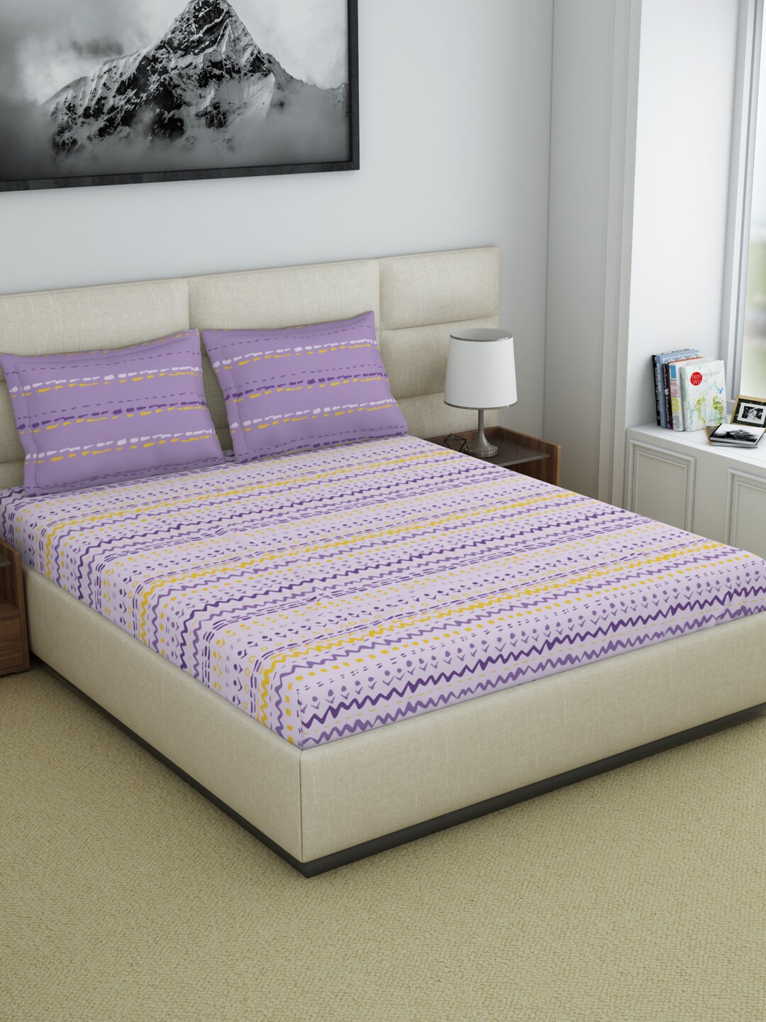 

Welspun Purple & Yellow Striped 200 TC Queen Bedsheet With 2 Pillow Covers