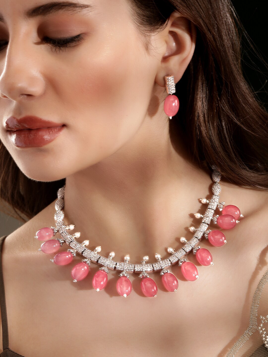 

Rubans Silver Plated American Diamond Studded Rose Petal Elegance Jewellery Set