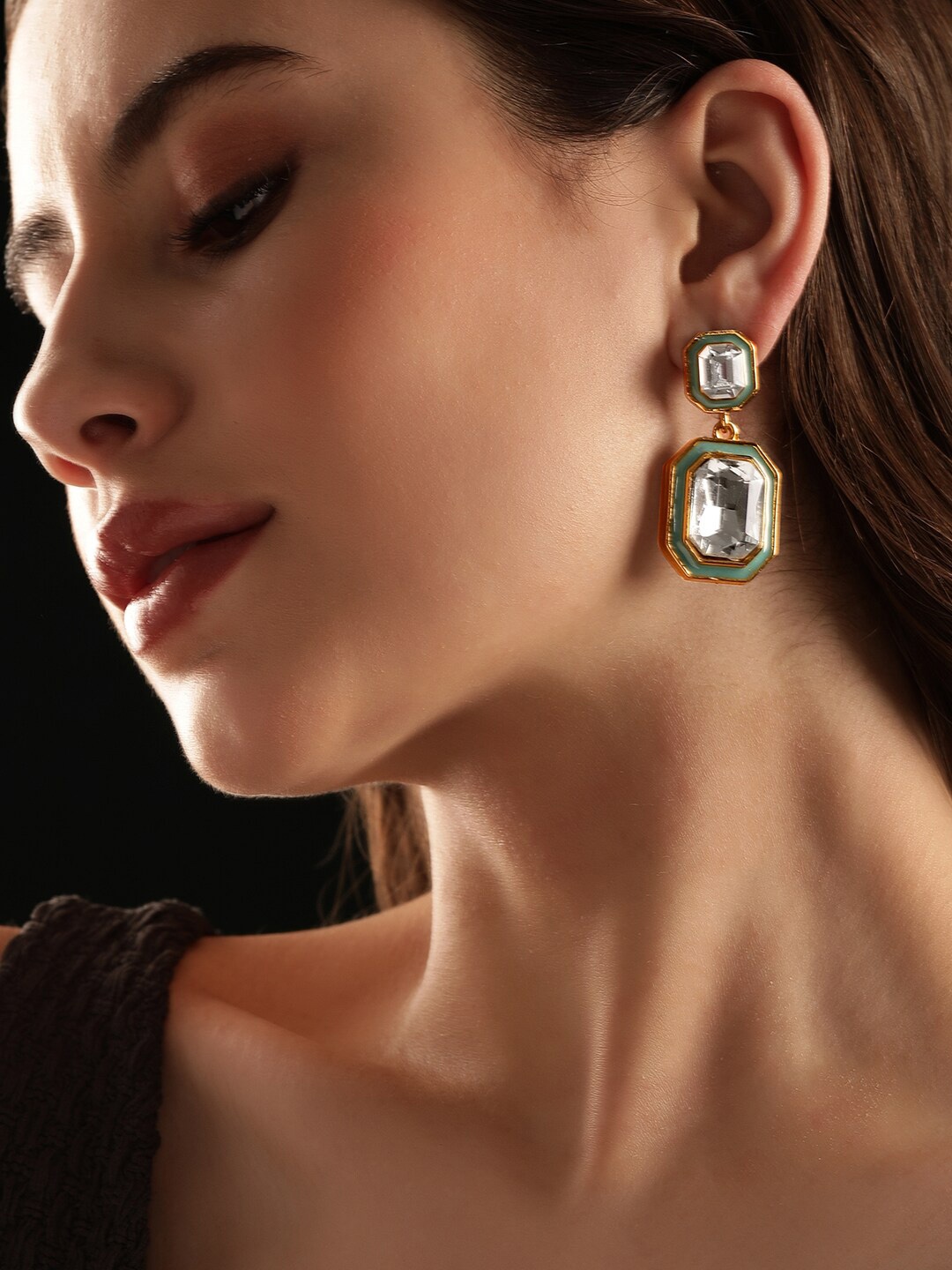 

Rubans Gold-Plated Crystal-Studded Geometric Drop Earrings