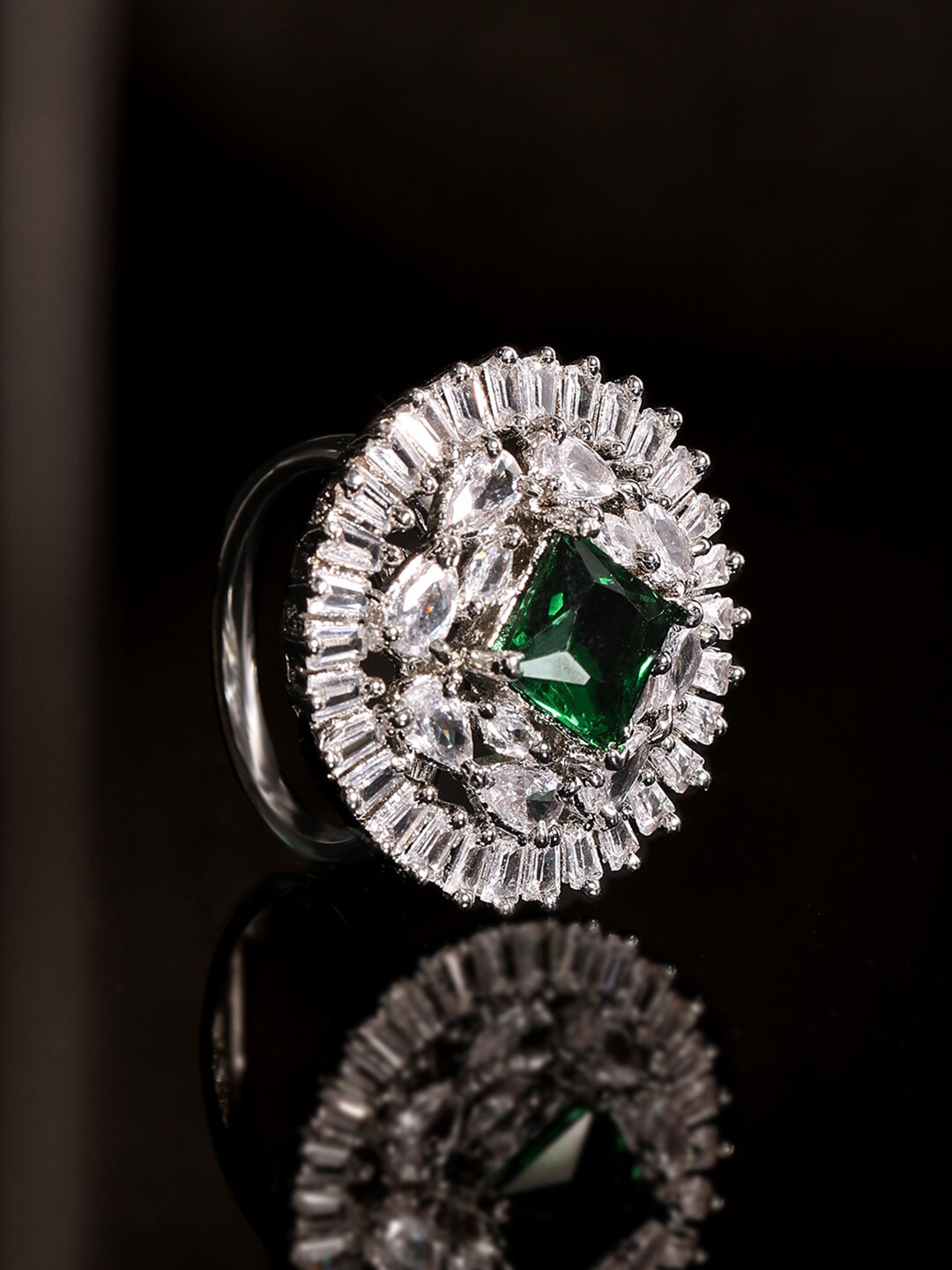 

Rubans Rhodium Plated Cubic Zirconia & Emerald Studded Finger Ring, Silver