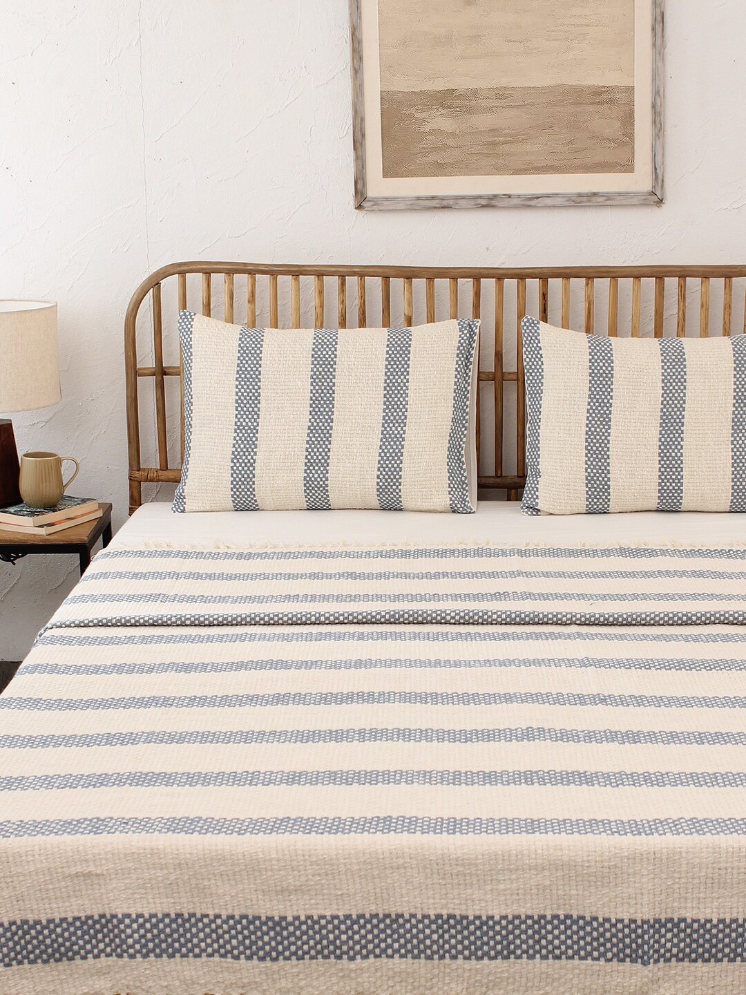 

House This Navy Blue Woven Design Cotton Bedcover With Pillow Covers