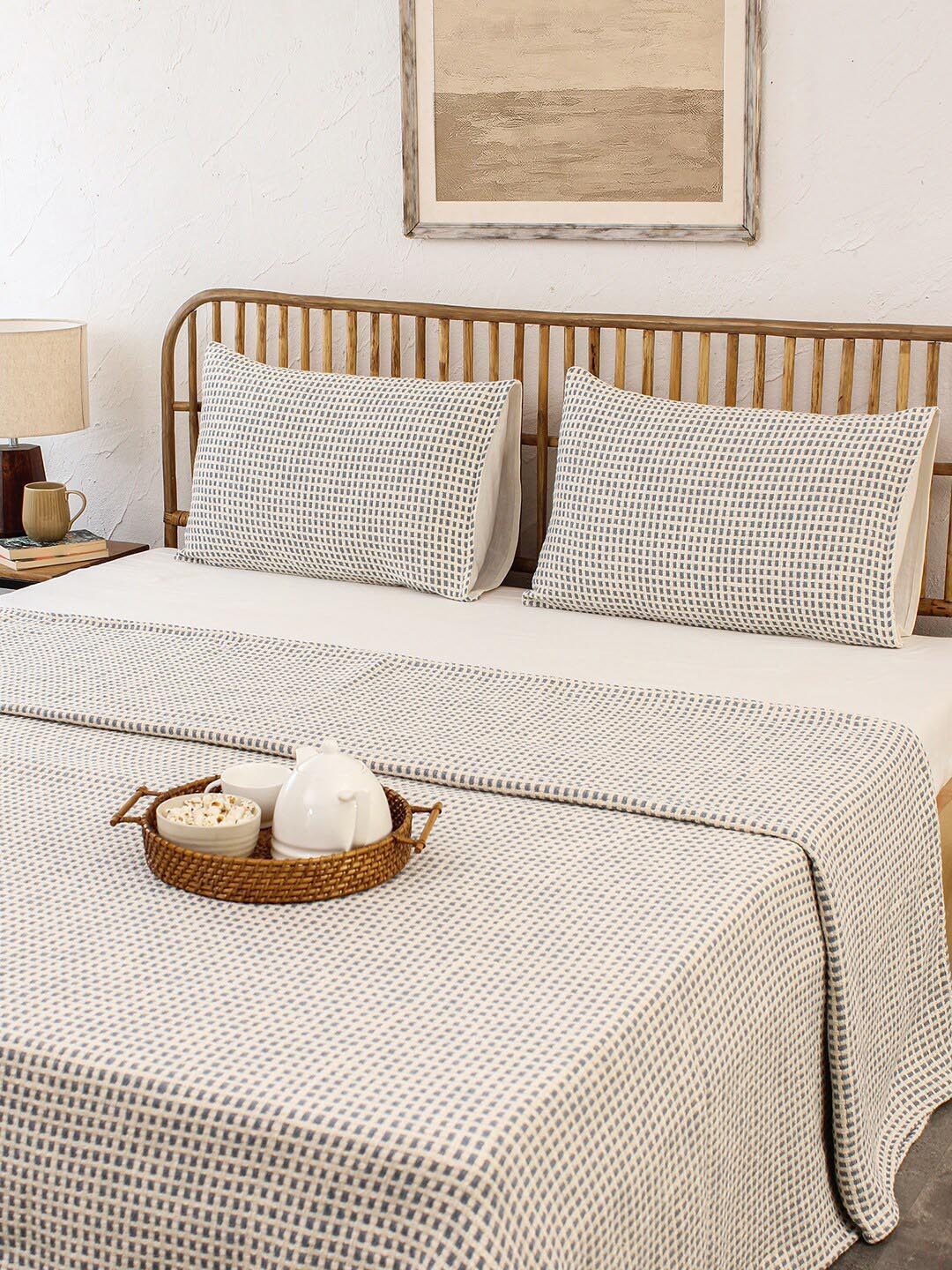 

House This Blue Woven Design Cotton 120 TC Double Queen Bed Cover With 2 Pillow Covers