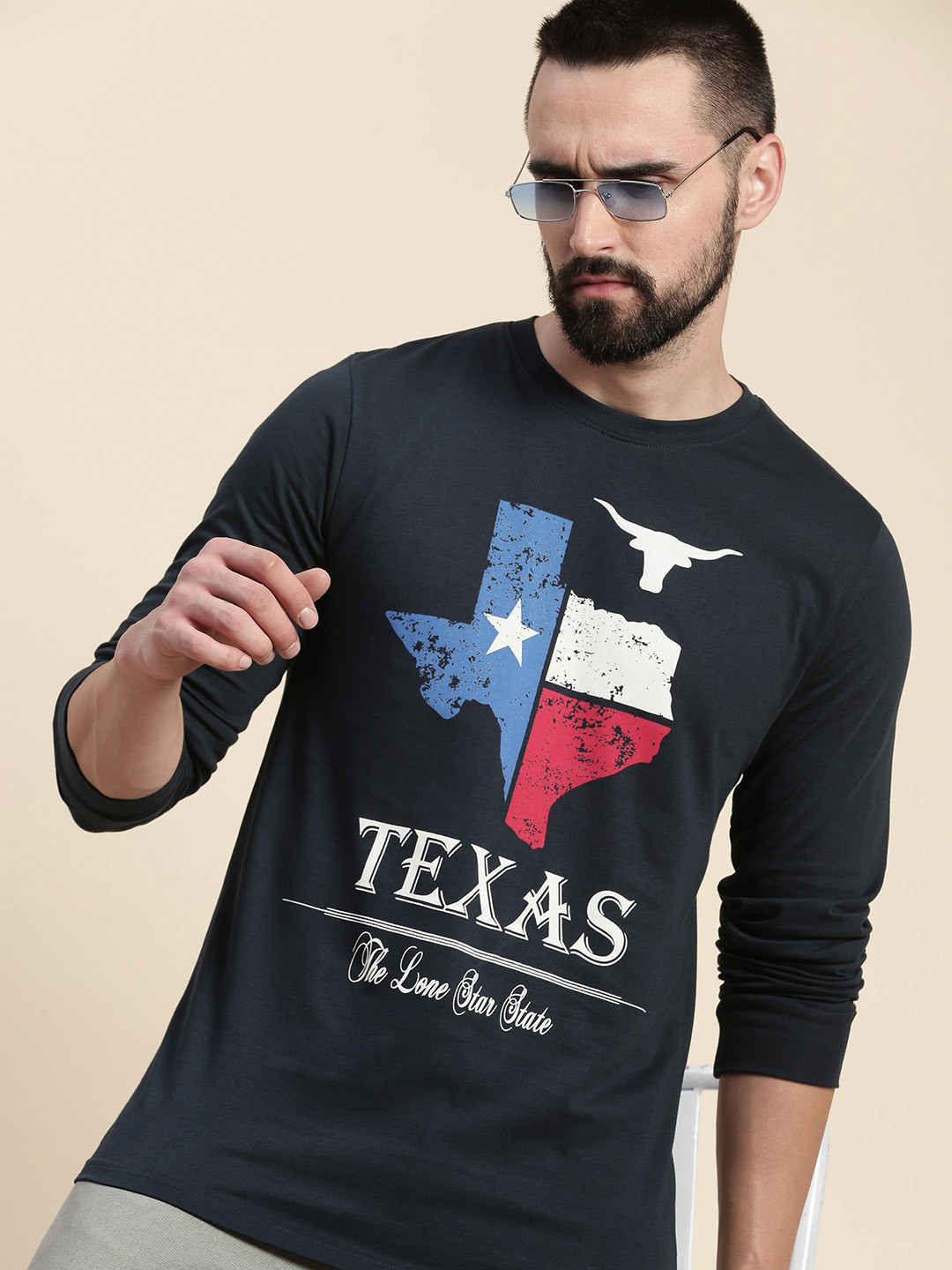 

DILLINGER Graphic Printed Round Neck Long Sleeves Pure Cotton T-shirt, Navy blue