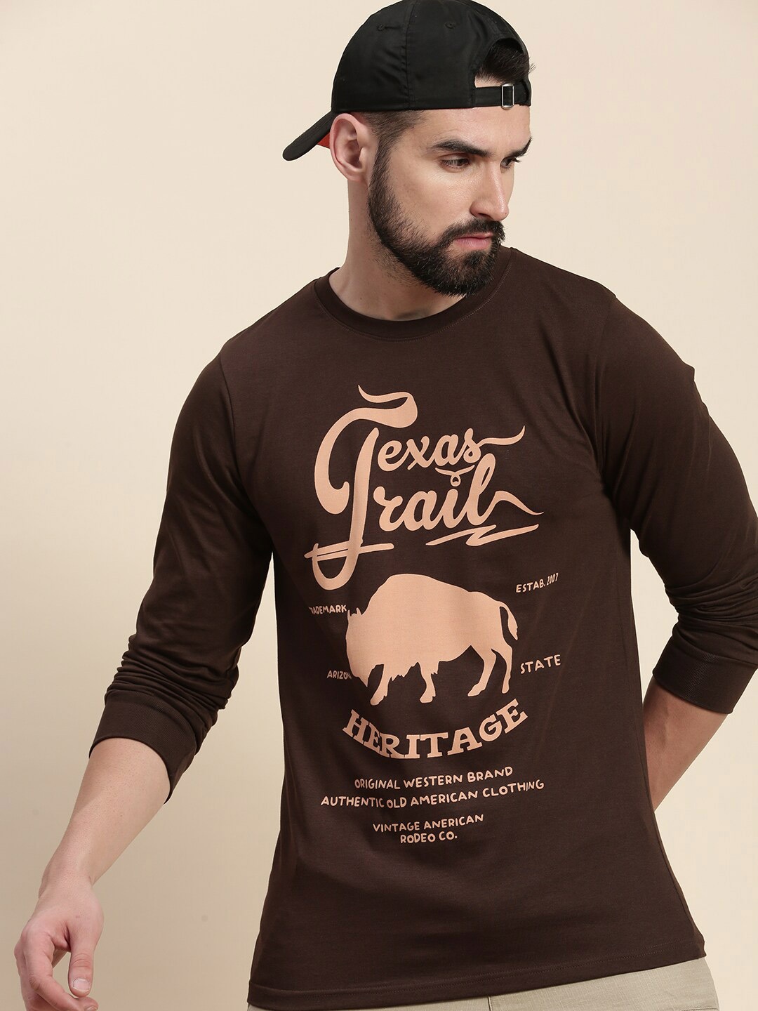 DILLINGER Typography Printed Round Neck Pure Cotton T-shirt, Brown