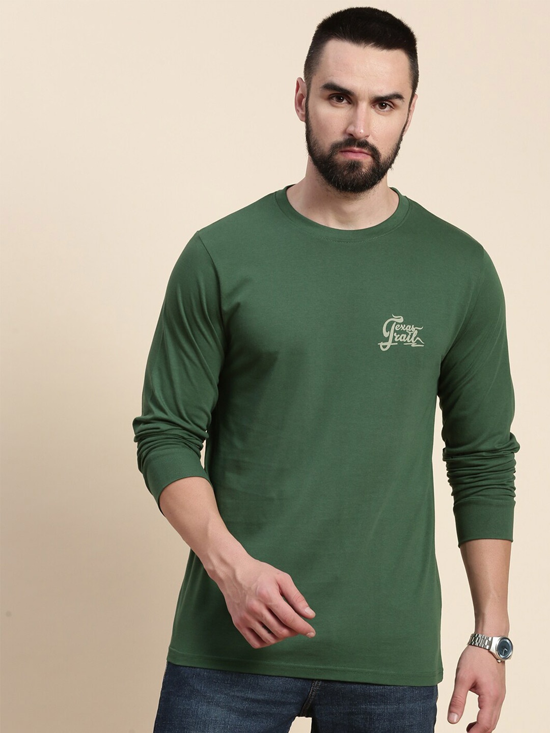 DILLINGER Typography Printed Round Neck Long Sleeves Pure Cotton T-shirt, Green