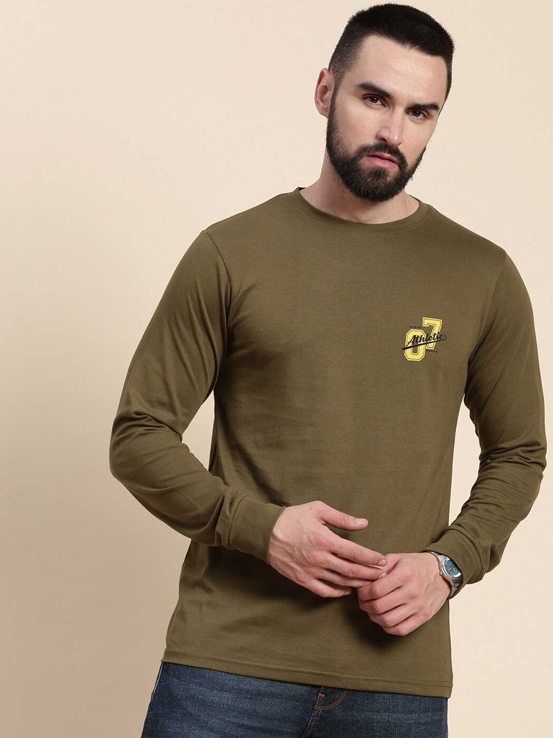 

DILLINGER Typography Printed Round Neck Long Sleeves Pure Cotton T-shirt, Olive