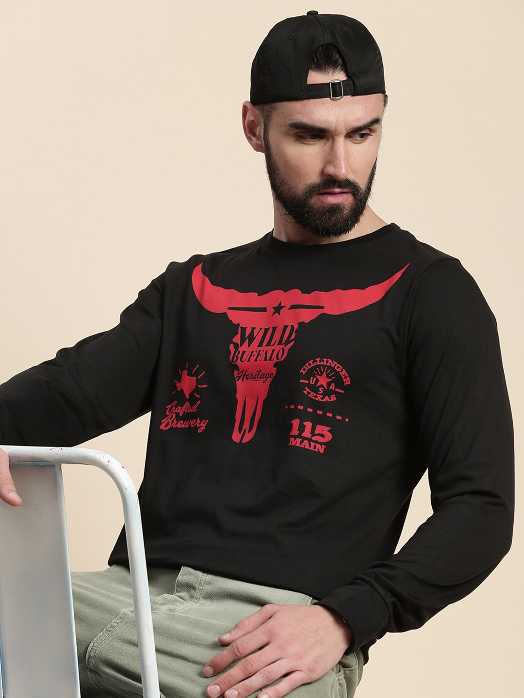 

DILLINGER Graphic Printed Round Neck Long Sleeves Pure Cotton T-shirt, Black