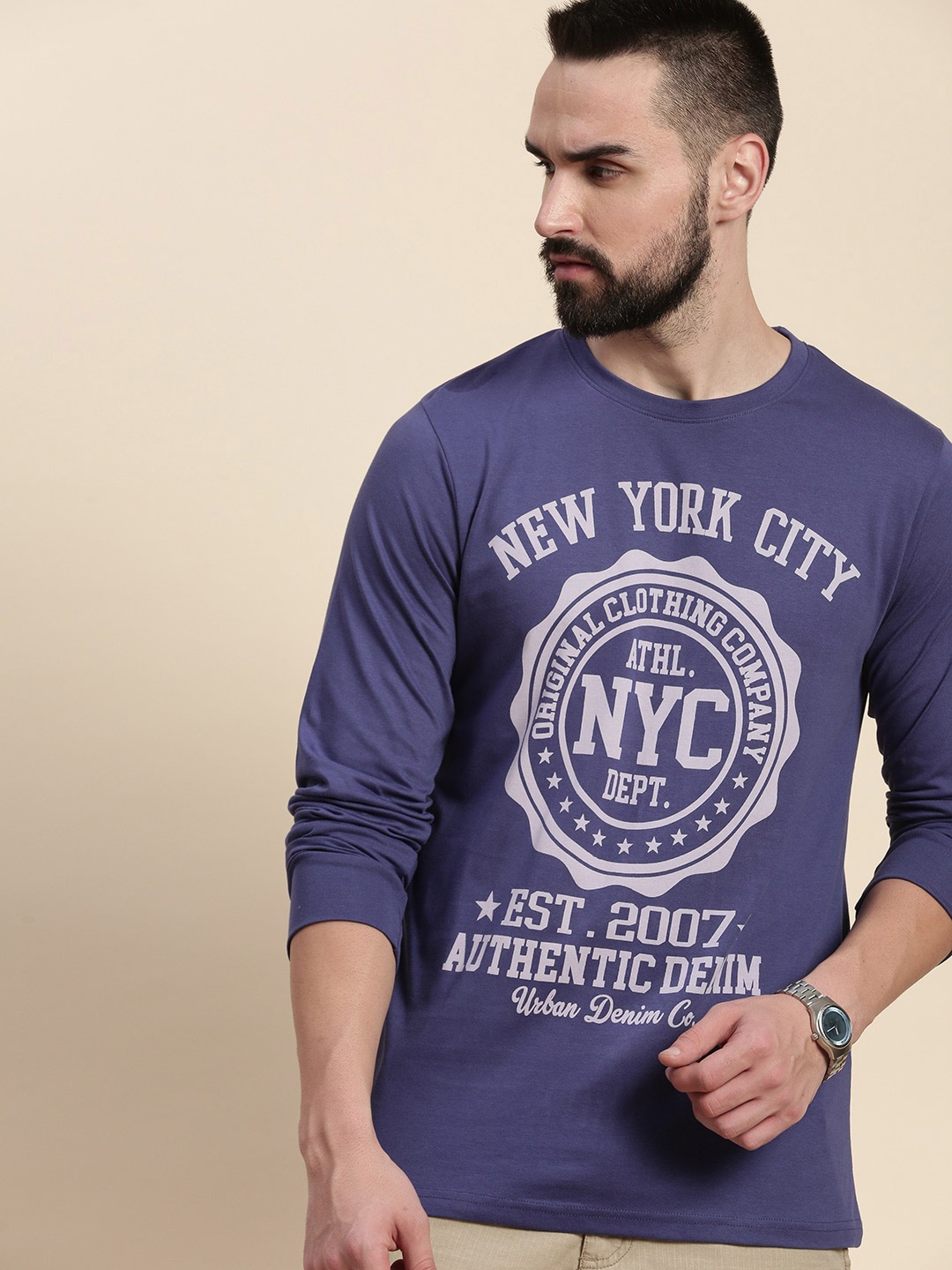 DILLINGER Typography Printed Round Neck Pure Cotton T-shirt, Blue