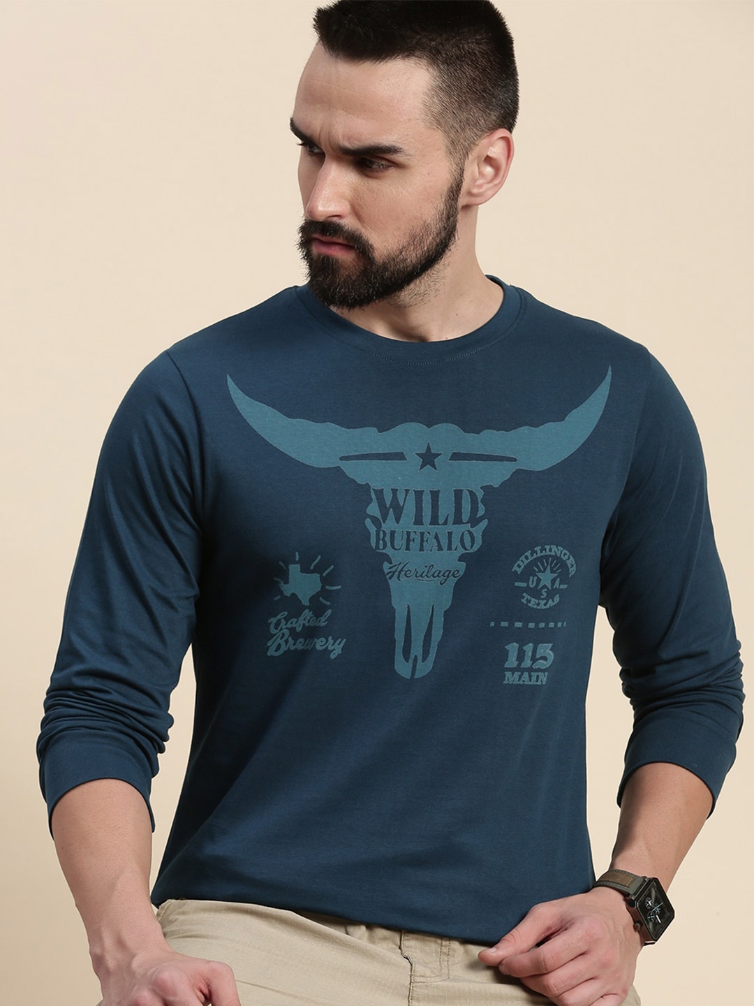 DILLINGER Typography Printed Round Neck Pure Cotton T-shirt, Blue