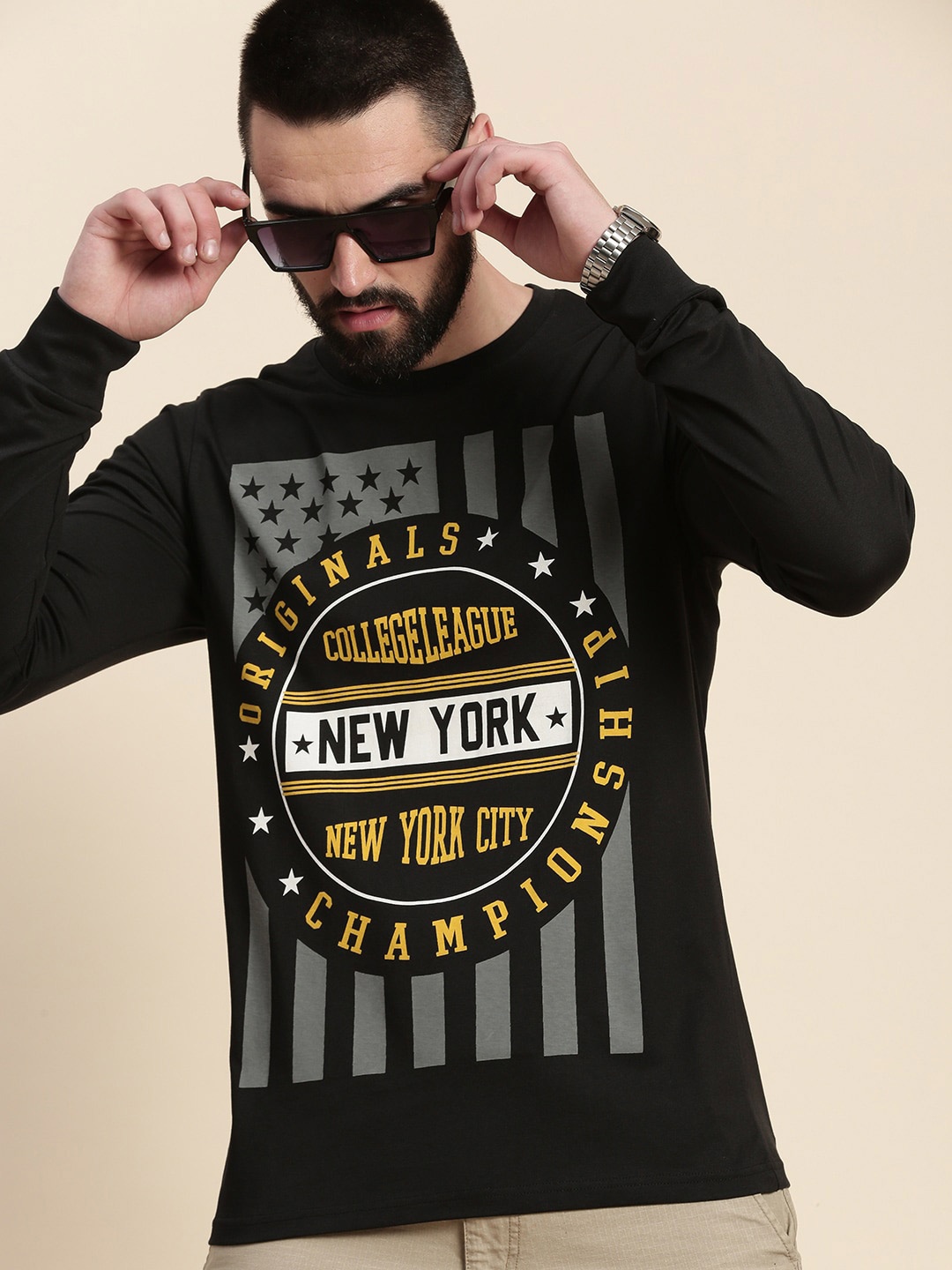 

DILLINGER Typography Printed Round Neck Long Sleeves Pure Cotton T-shirt, Black