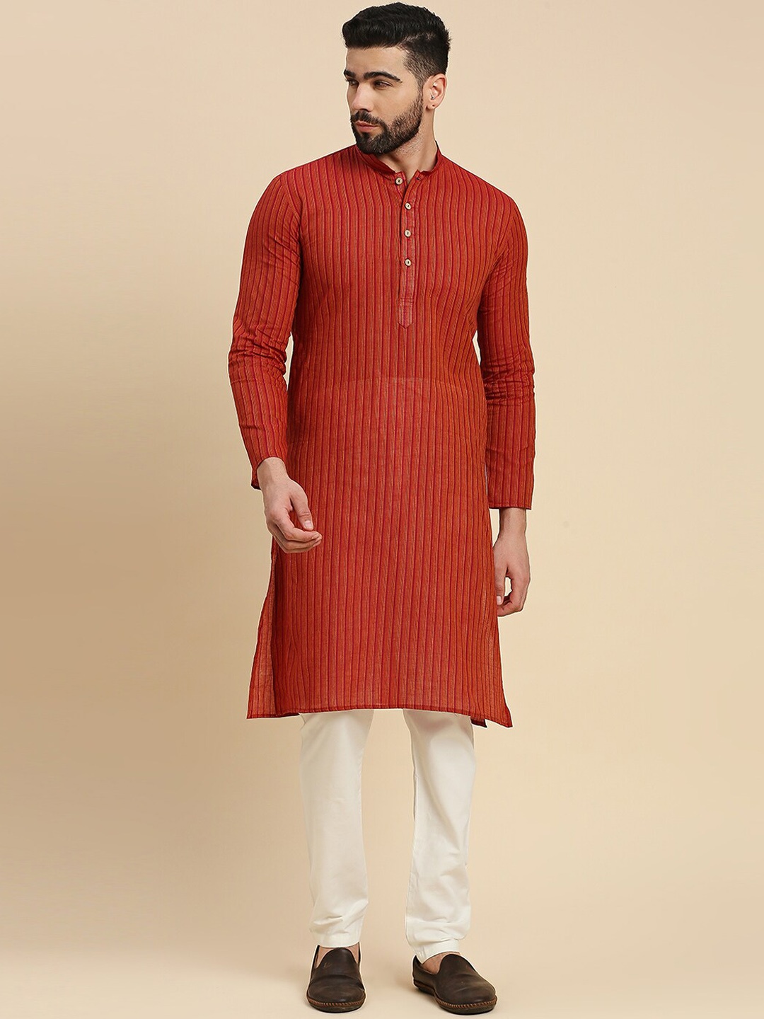

RAJUBHAI HARGOVINDAS Striped Mandarin Collar Cotton Straight Kurta, Maroon