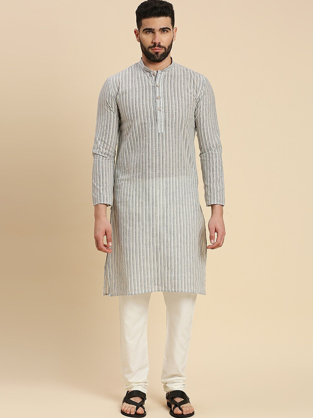 

RAJUBHAI HARGOVINDAS Striped Mandarin Collar Cotton Straight Kurta, Grey