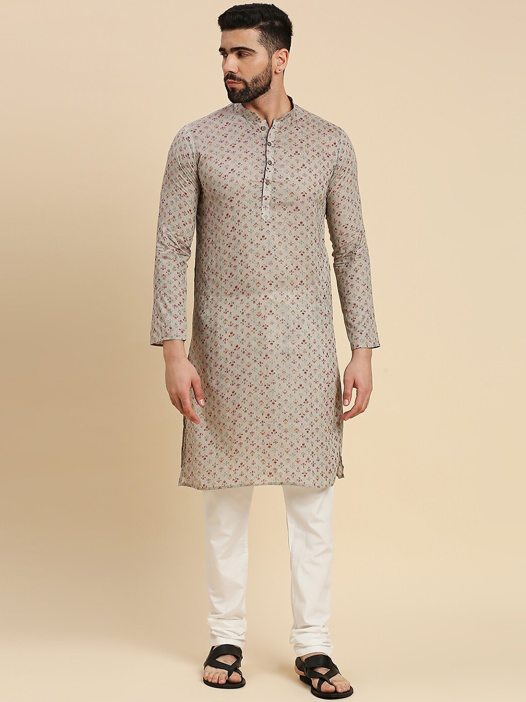 

RAJUBHAI HARGOVINDAS Floral Printed Mandarin Collar Cotton Straight Kurta, Grey
