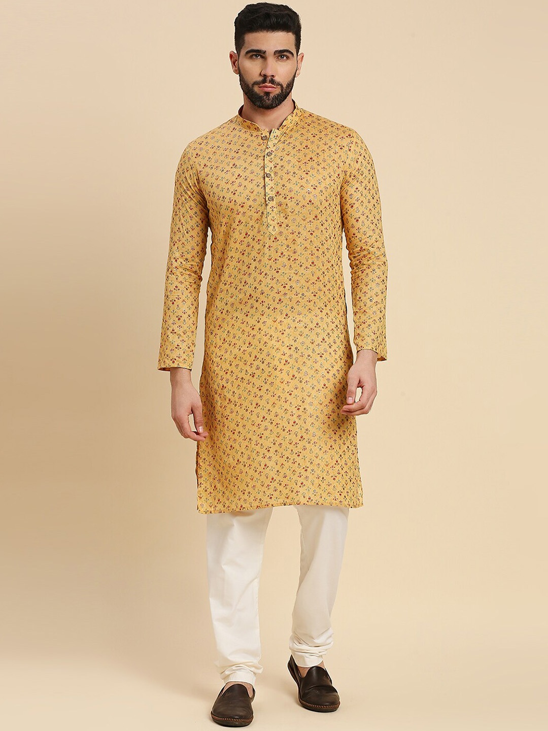 

RAJUBHAI HARGOVINDAS Floral Printed Mandarin Collar Cotton Straight Kurta, Yellow