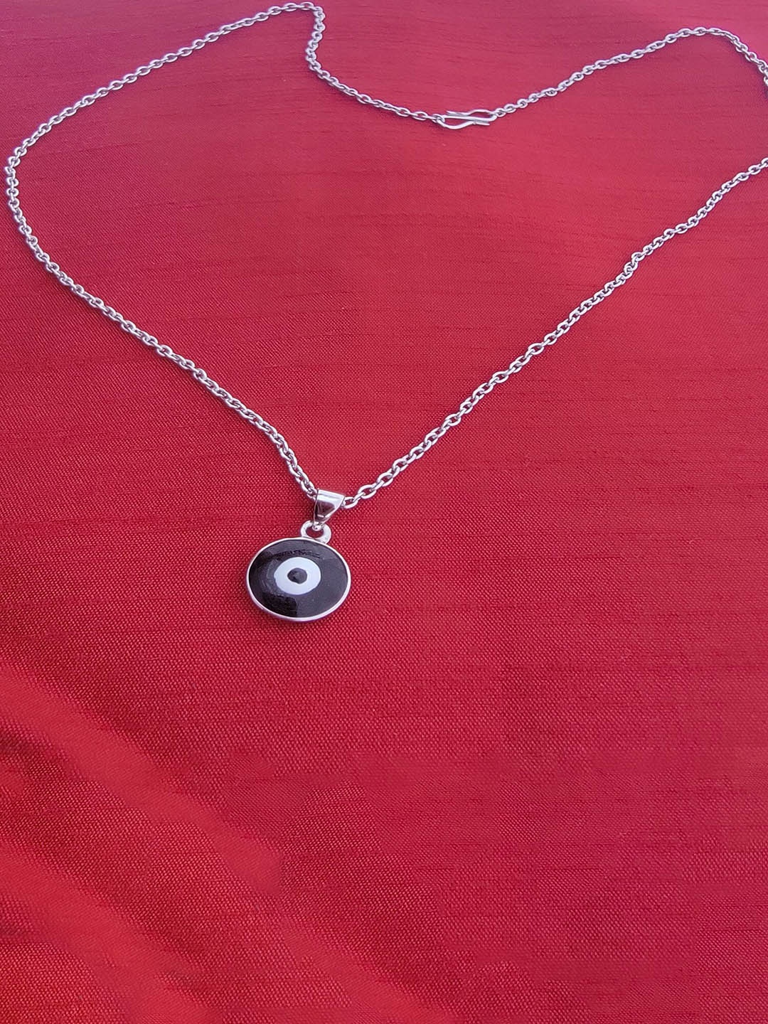 

Mahi Rhodium-Plated Circular Evil Eye Pendant with Chain, Silver