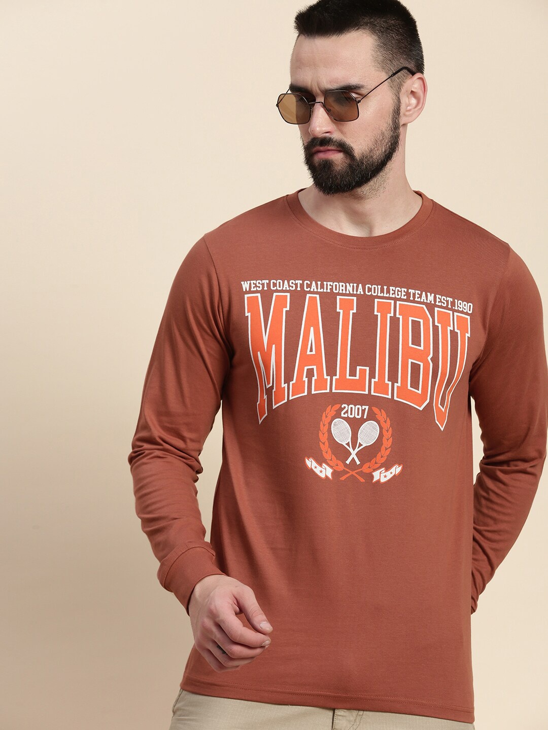 

DILLINGER Typography Printed Round Neck Pure Cotton T-shirt, Brown