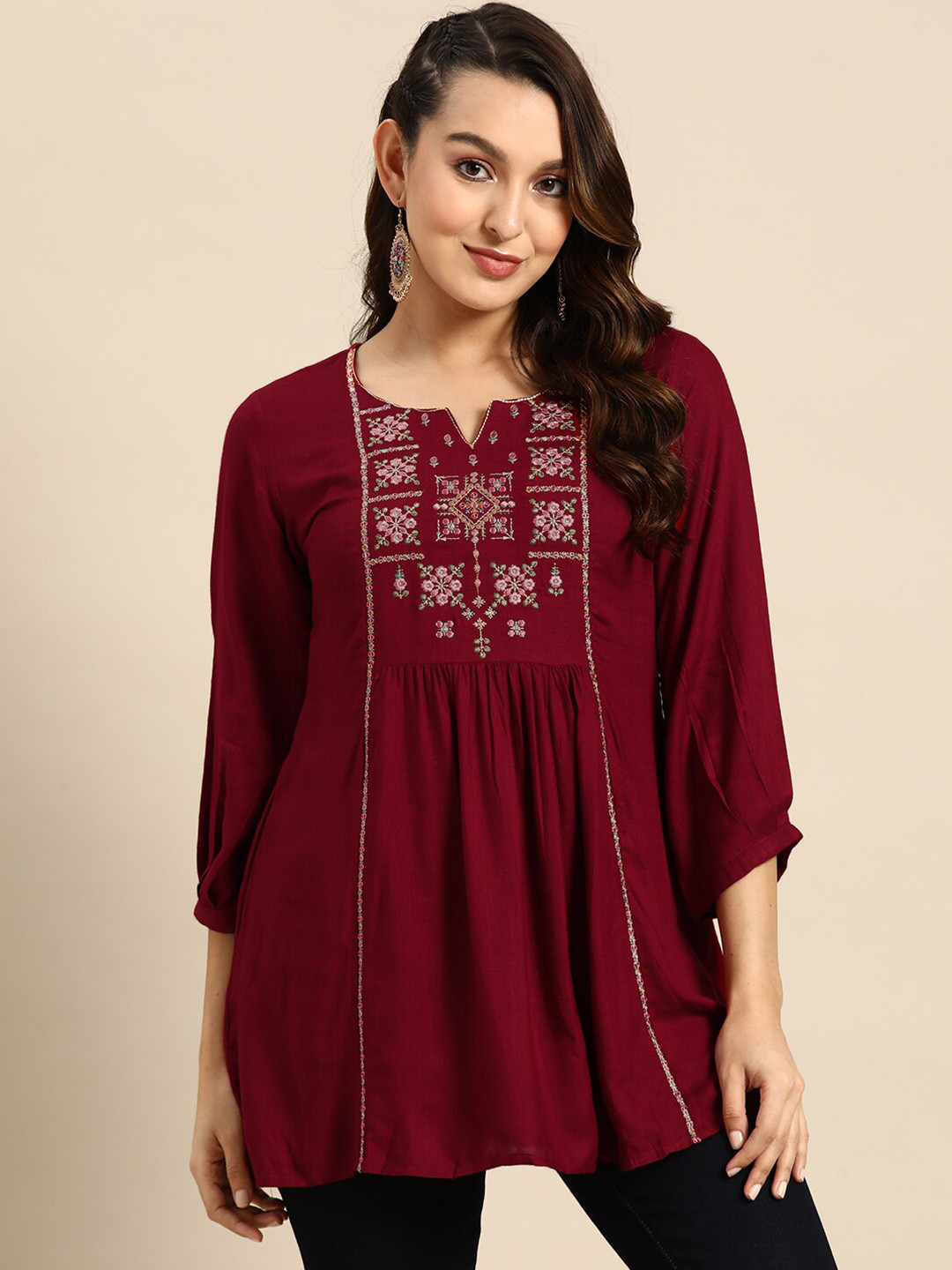 

KALINI Ethnic Motifs Embroidered Pleated Kurti, Maroon