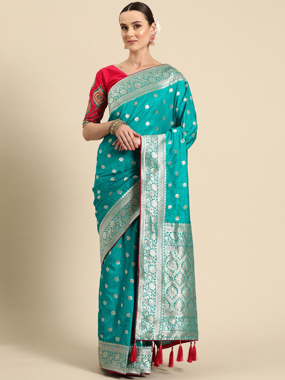 

MANOHARI Floral Zari Silk Blend Banarasi Saree, Turquoise blue