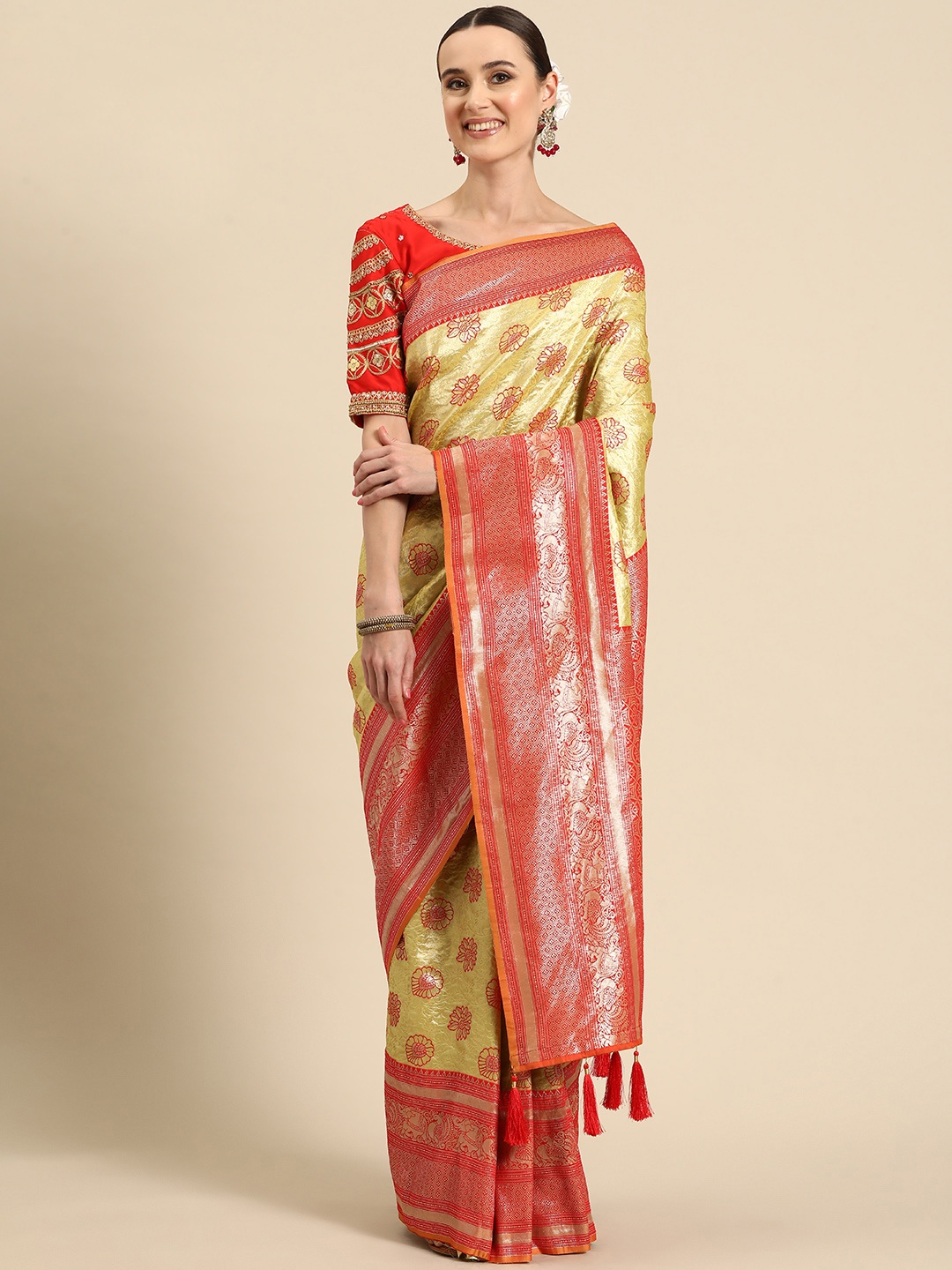 

MANOHARI Floral Zari Silk Blend Banarasi Saree, Yellow