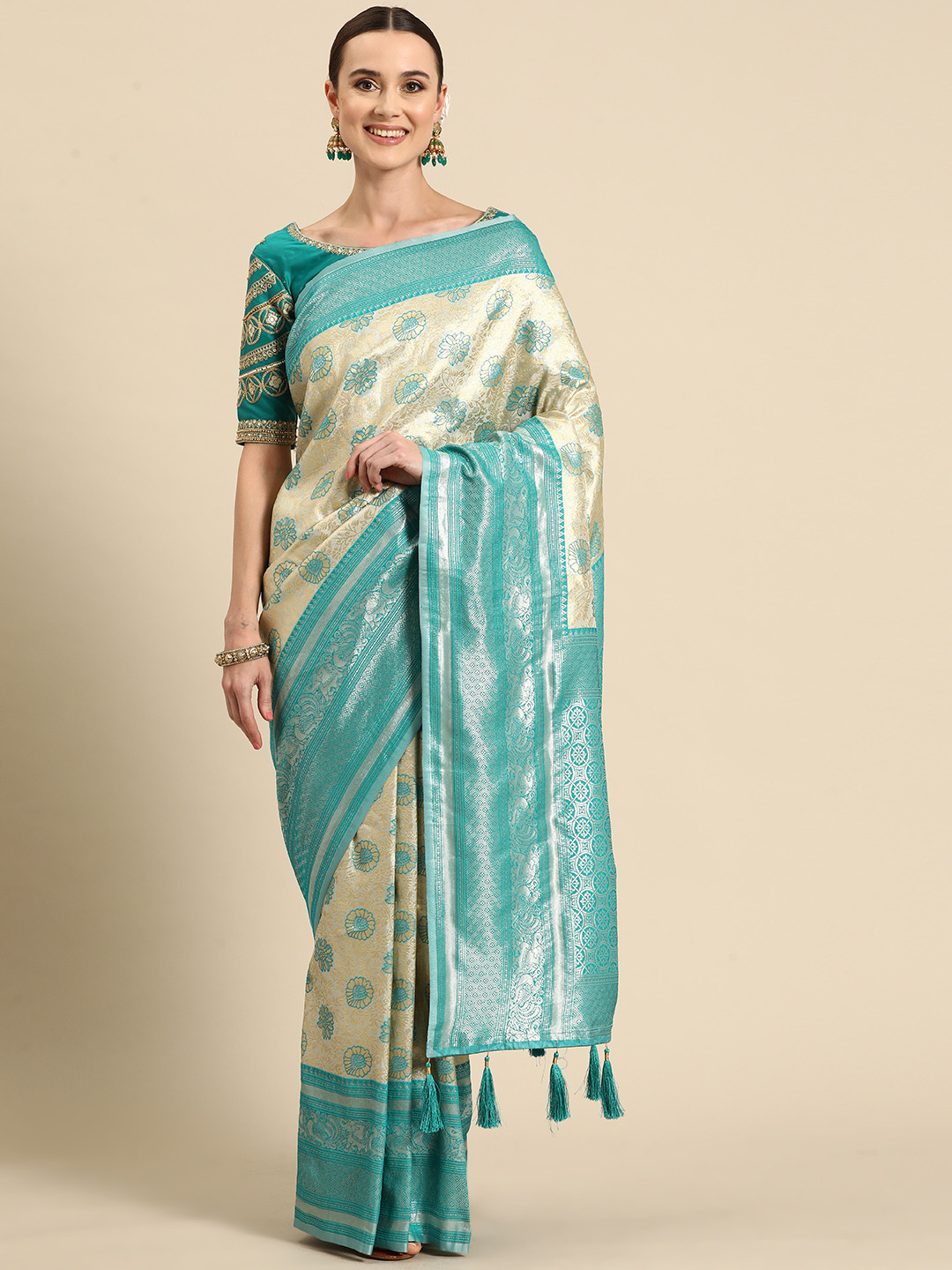 

MANOHARI Woven Design Ethnic Motifs Zari Banarasi Saree, Turquoise blue
