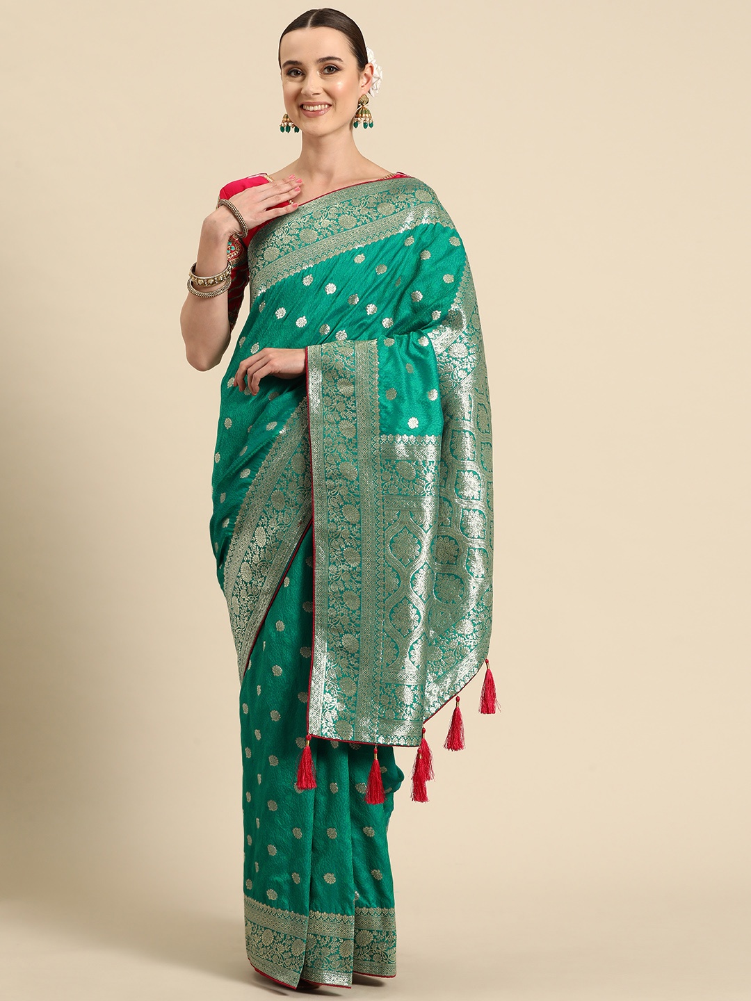 

MANOHARI Ethnic Motifs Zari Banarasi Saree, Turquoise blue