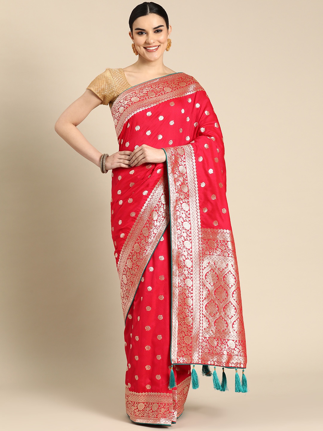 

MANOHARI Ethnic Motifs Zari Silk Blend Banarasi Saree, Pink