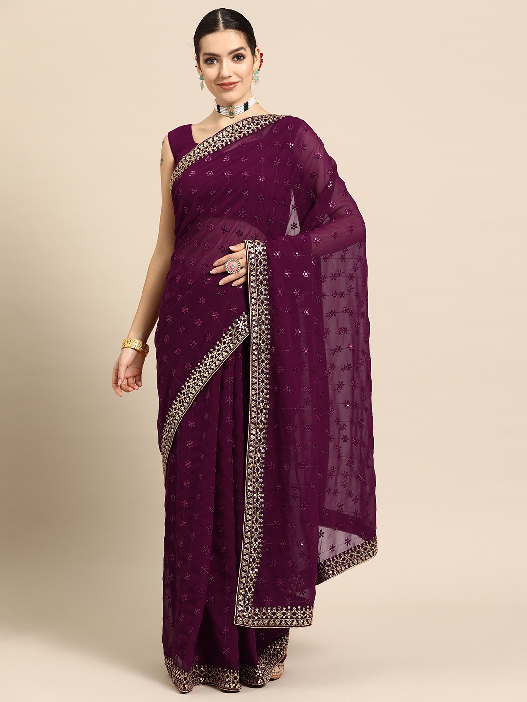 

MANOHARI Floral Sequinned Poly Georgette Banarasi Saree, Purple