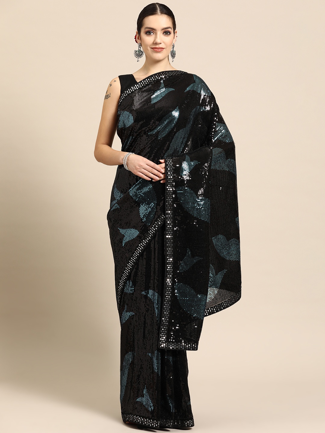 

MANOHARI Ethnic Motifs Sequinned Poly Georgette Banarasi Saree, Black