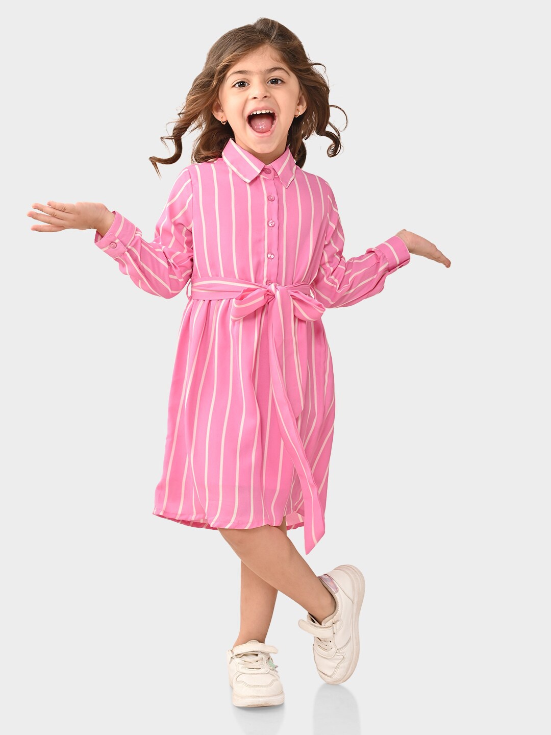 

BONKIDS Girls Striped Shirt Collar Cuffed Sleeve Belted Cotton Shirt Dress, Pink