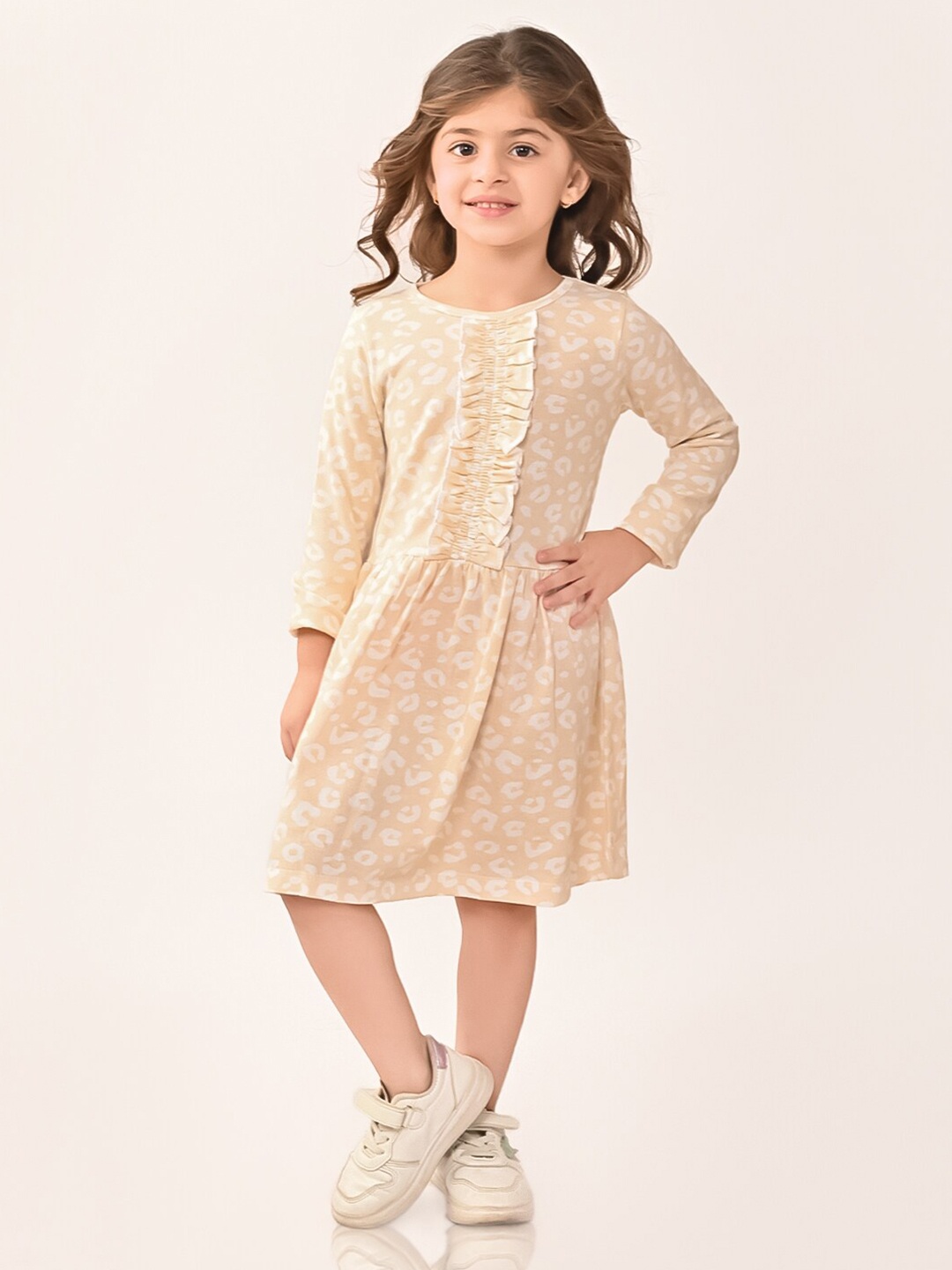 

BONKIDS Girls Abstract Printed Round Neck Gathered Cotton A-Line Dress, Beige