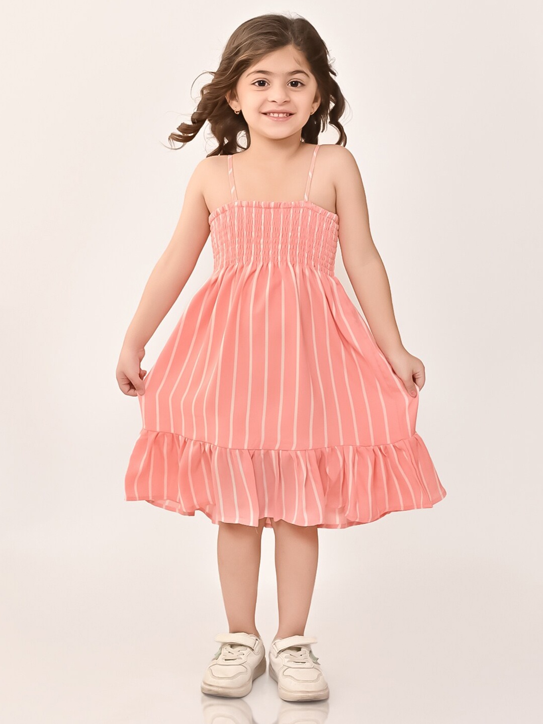 

BONKIDS Girls Striped Shoulder Straps Smocked Tiered Cotton A-Line Dress, Peach